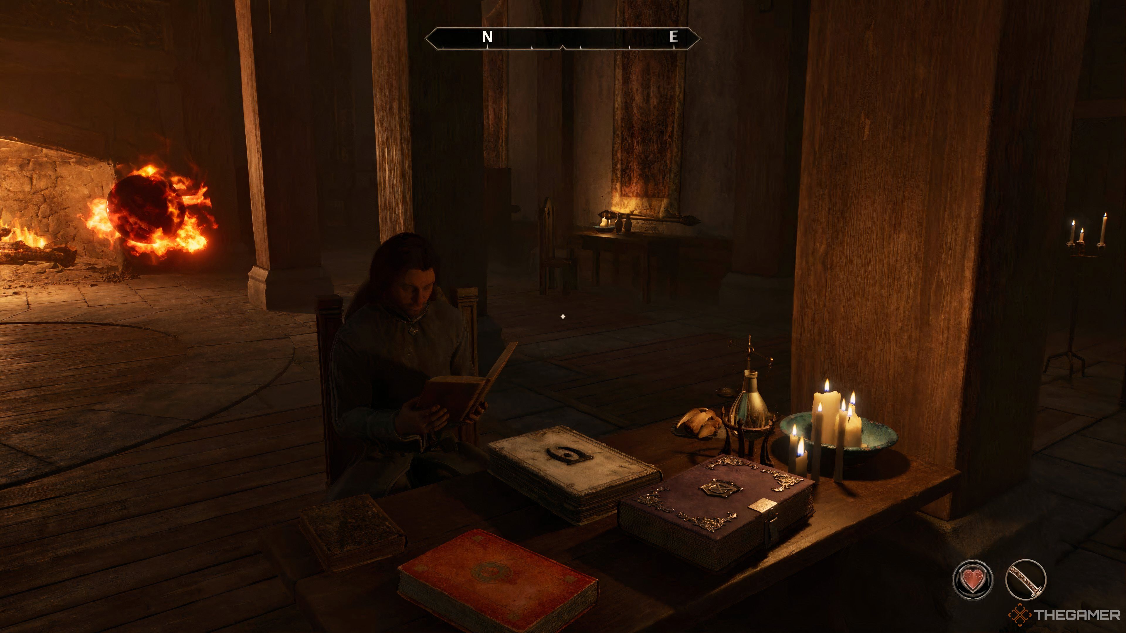 The player looking at Martin who is sitting at a table and reading a book in Oblivion Remastered.
