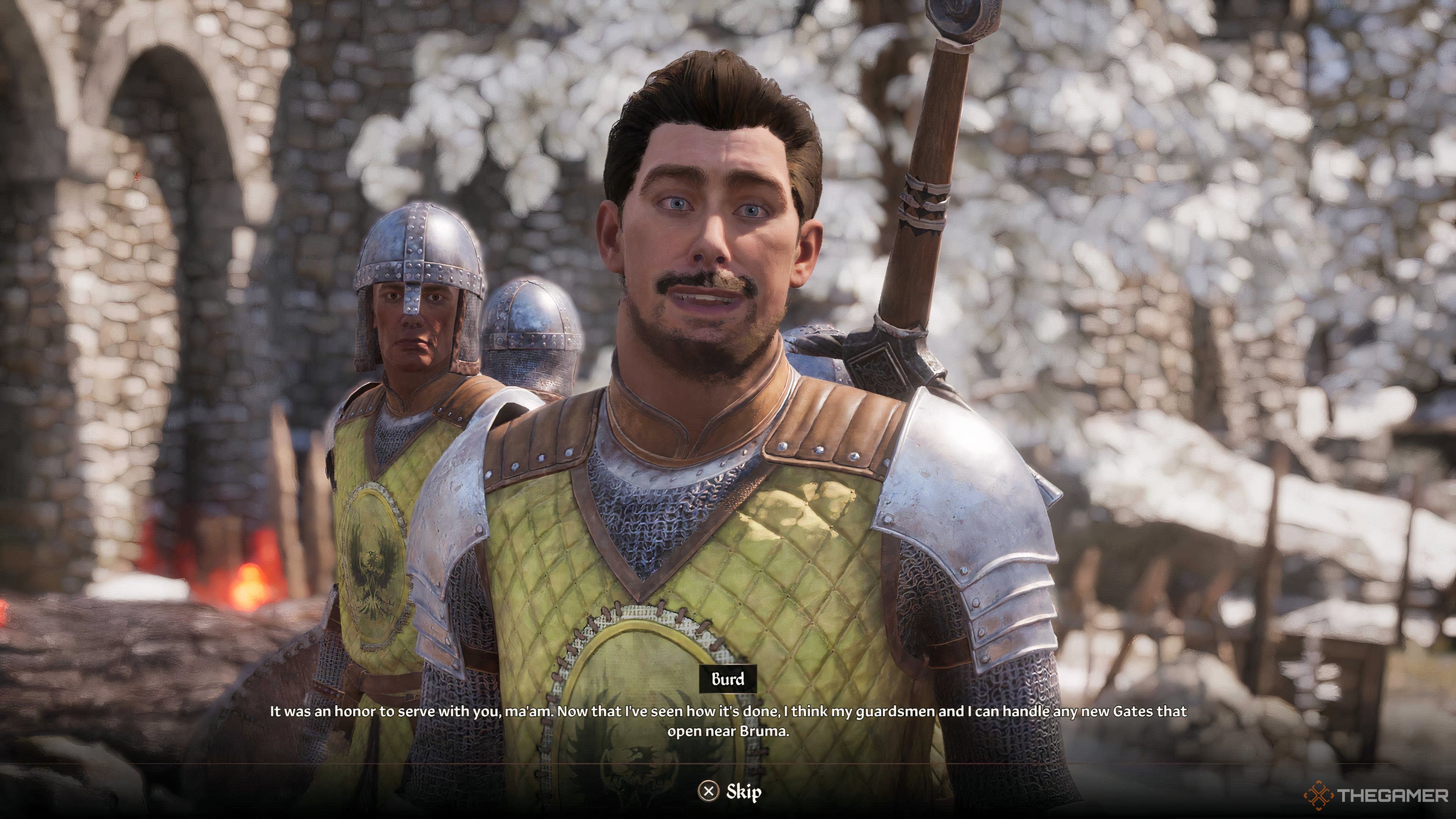 Burd of the Bruma Guard speaking to you on completing the Bruma Gate main story quest in Oblivion Remastered.