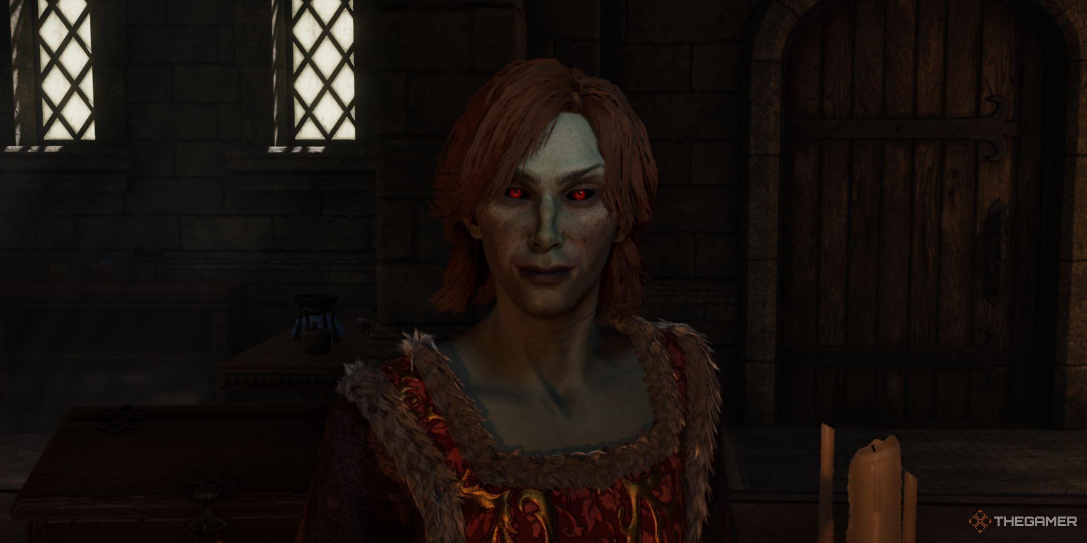 A dark elf woman in Oblivion Remastered. She has blue skin, black and red eyes, and red hair