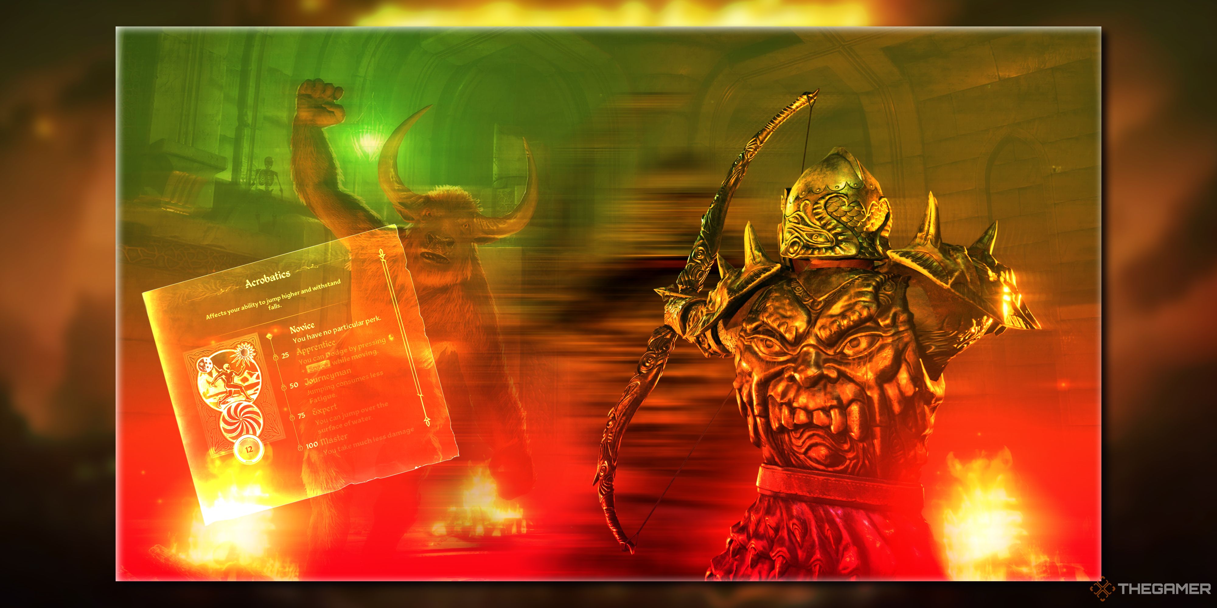 The main character fires an arrow then dodges a Minotaur Lord in Oblivion Remastered.