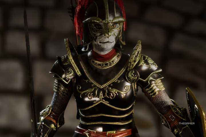 Oblivion Remastered Khajiit in Umbra armor over a cobbled floor.