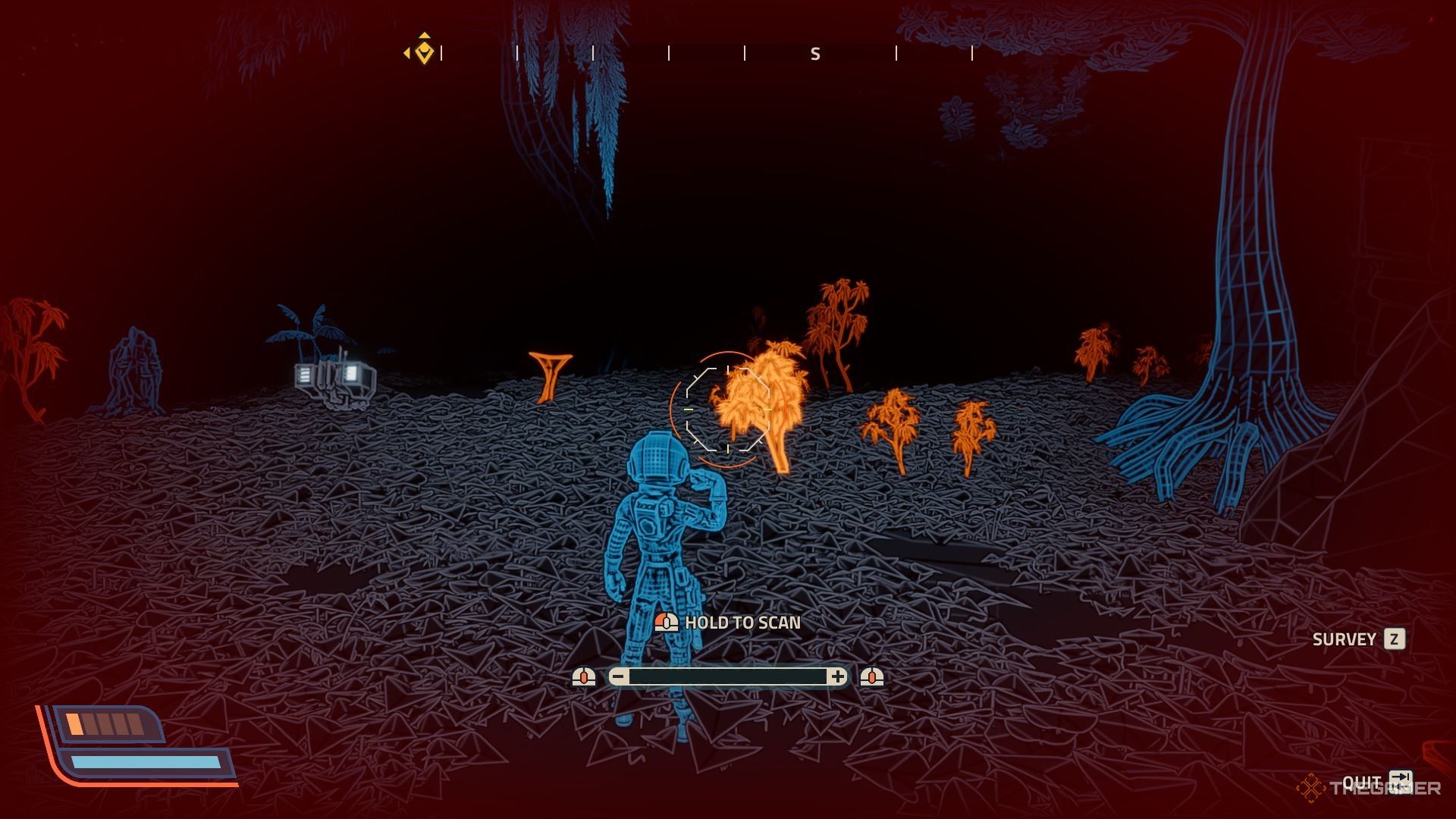 Orange and blue outlines on scannable items in Revenge of the Savage Planet.