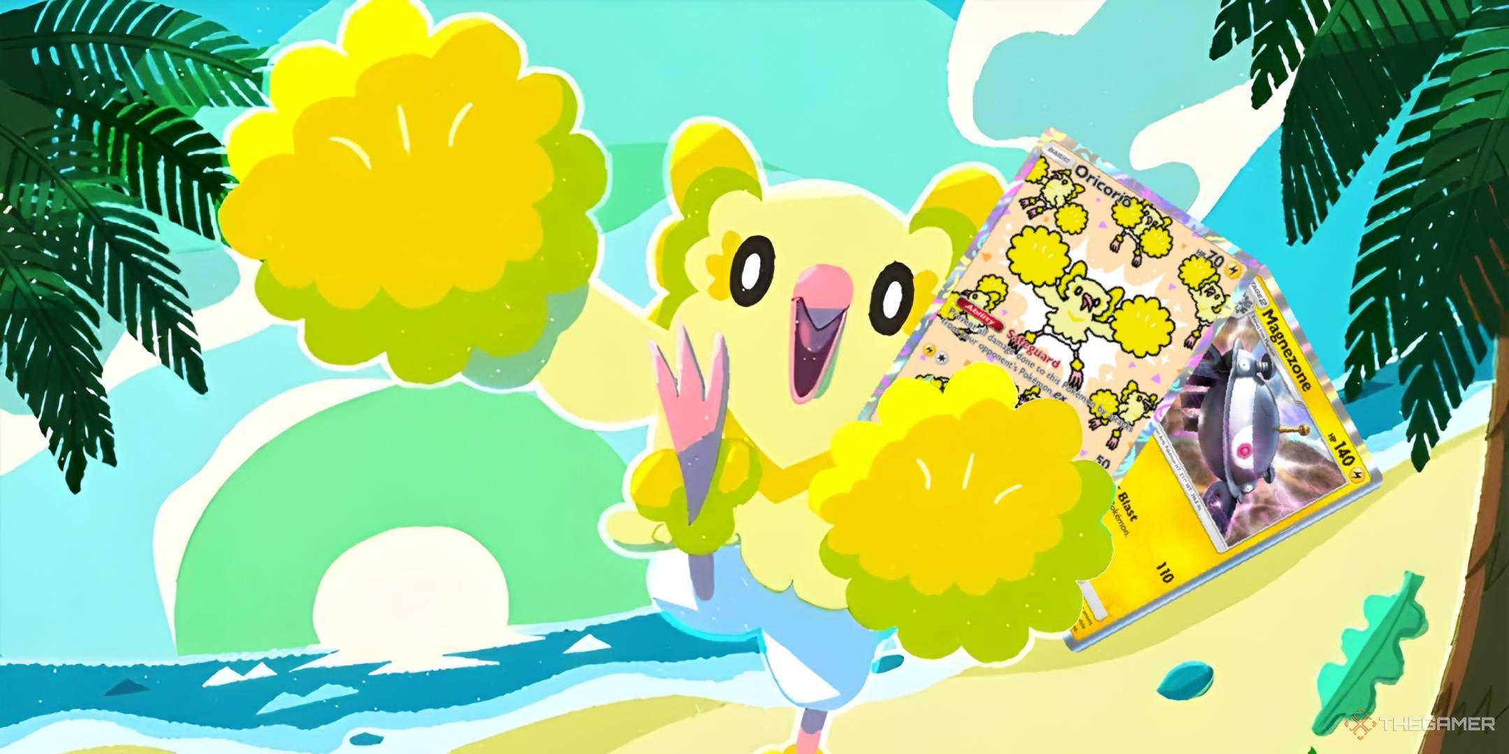 A yellow Oricorio cheers while holding a Magnezone and Illustration Rare Oricorio.