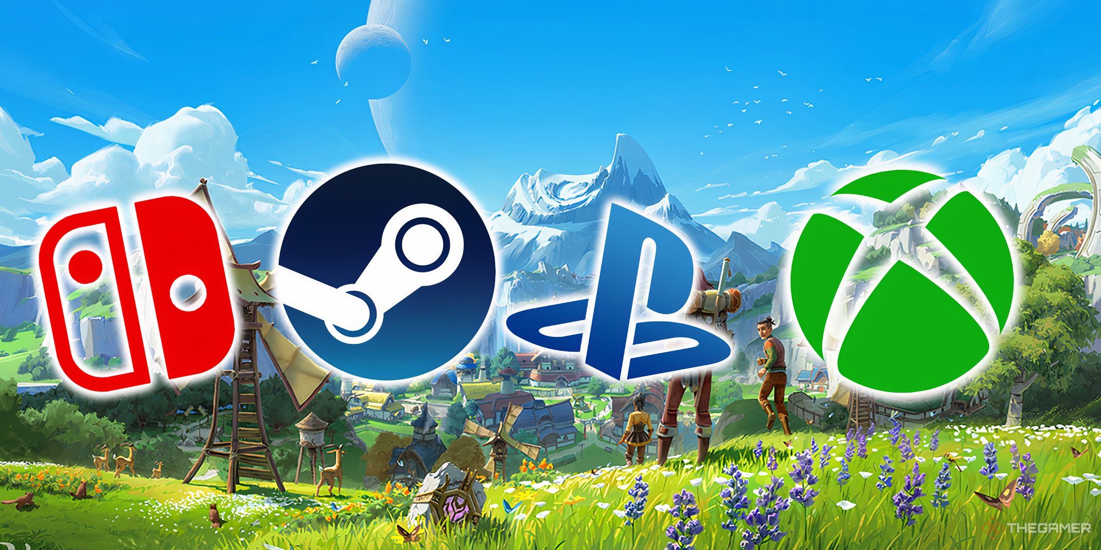 Palia collage of the Switch, Steam, and PlayStation logos over key art.