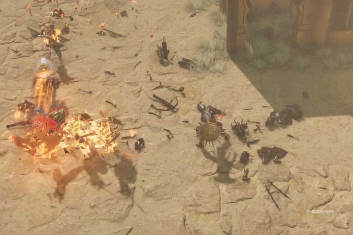 A Forge Guard using Shield Throw on a group of skeletons in Last Epoch.