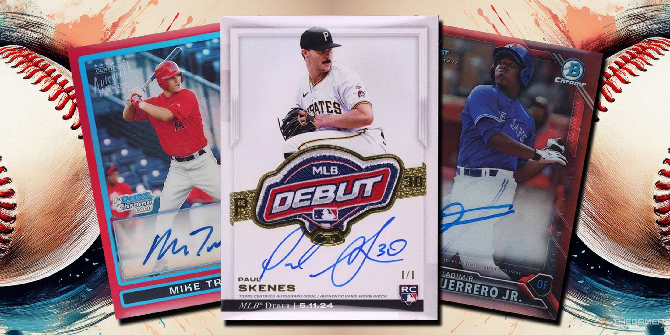 Paul Skenes, Mike Trout and Vladimir Guerrero Jr. cards on a baseball background.