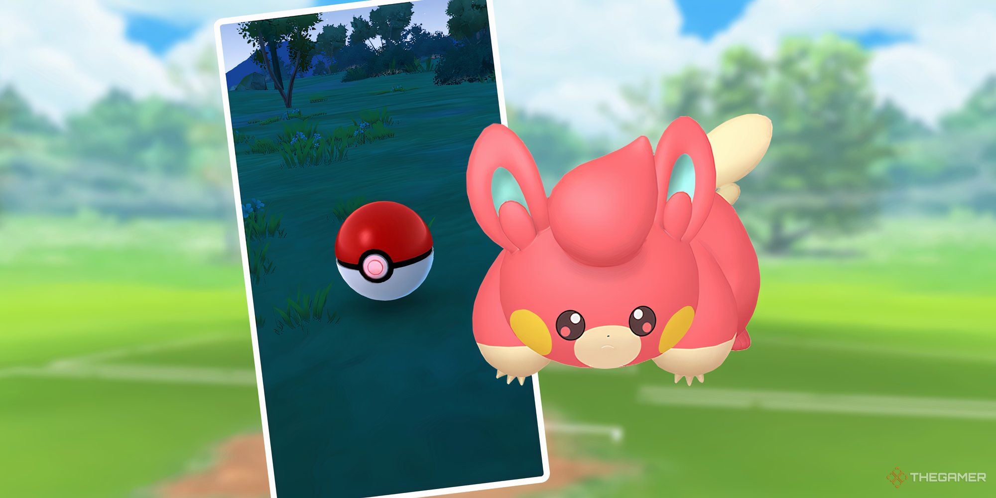 Shiny Pawmi next to a Poke Ball from Pokemon Go.