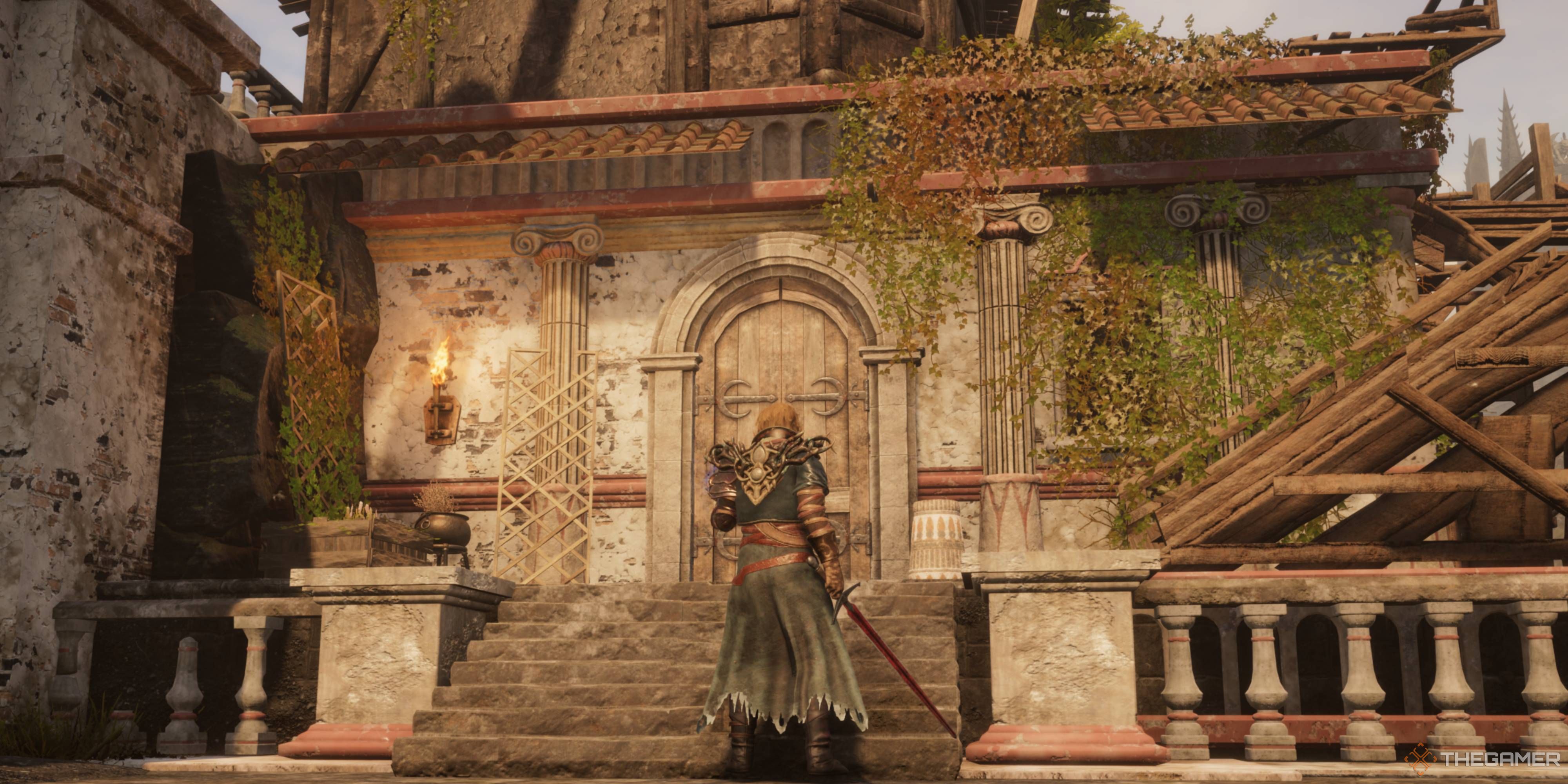 Player standing in front of his house - Tainted Grail The Fall Of Avalon