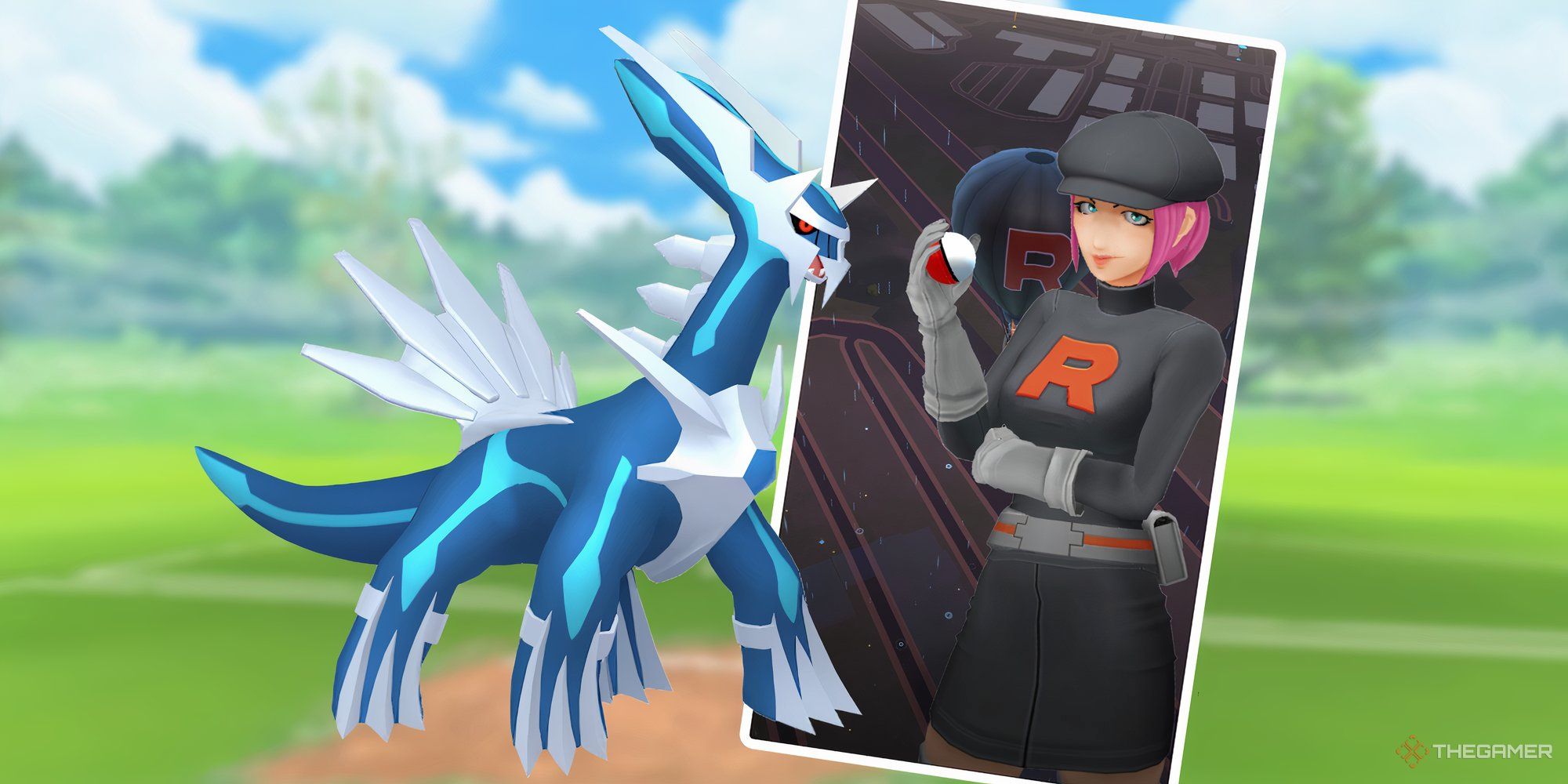 Dialga next to a Team Go Rocket Grunt from Pokemon Go.