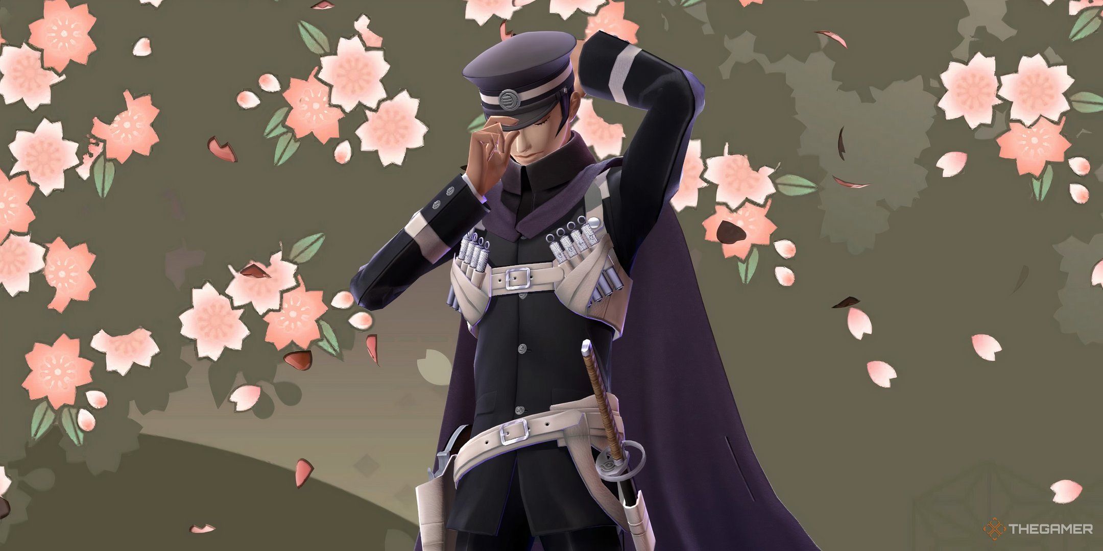 Raidou fixing his hat against a floral background in Raidou Remastered The Mystery of the Soulless Army.