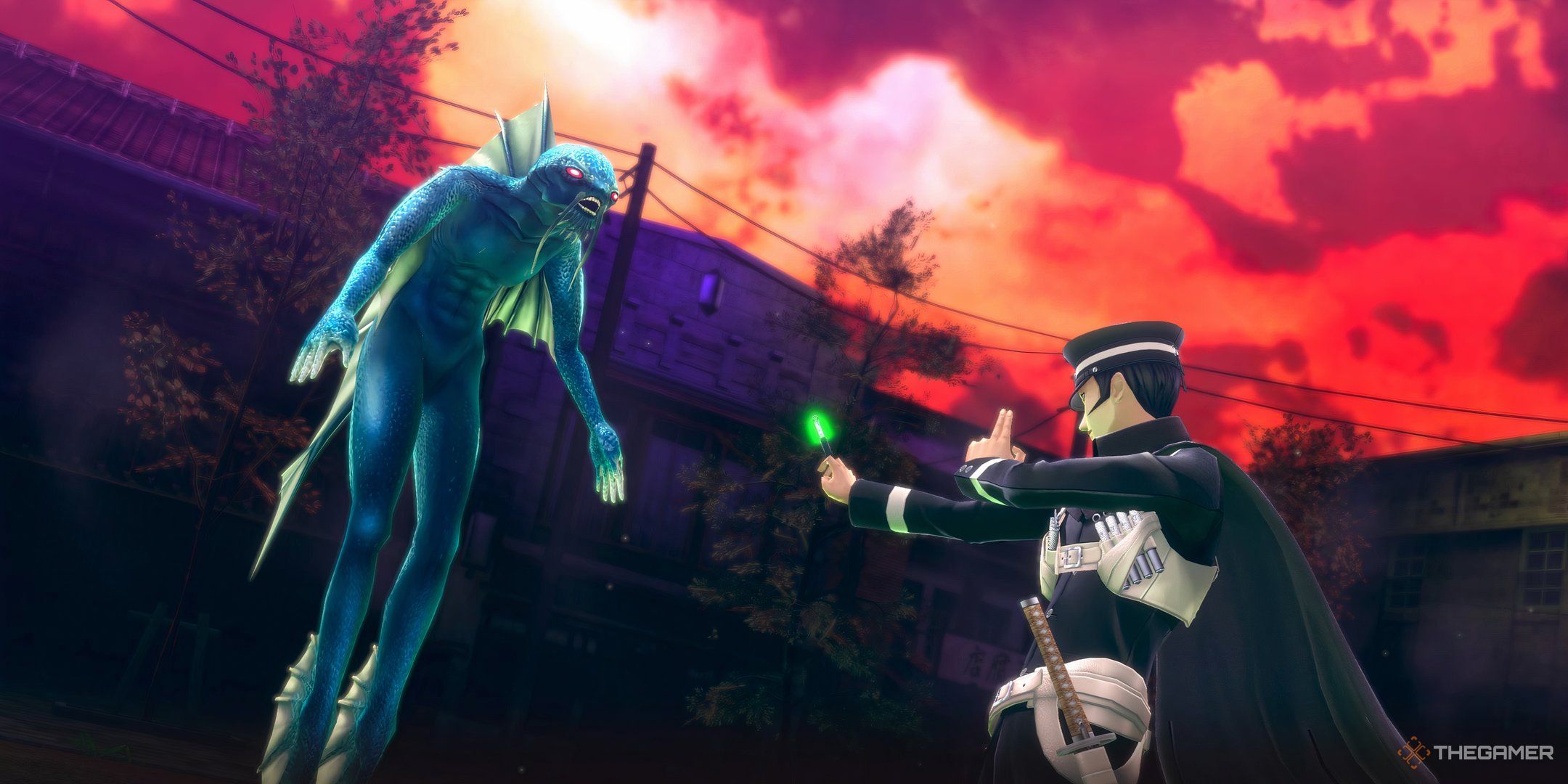 Raidou with a flying Azami in Raidou Remastered The Mystery of the Soulless Army.