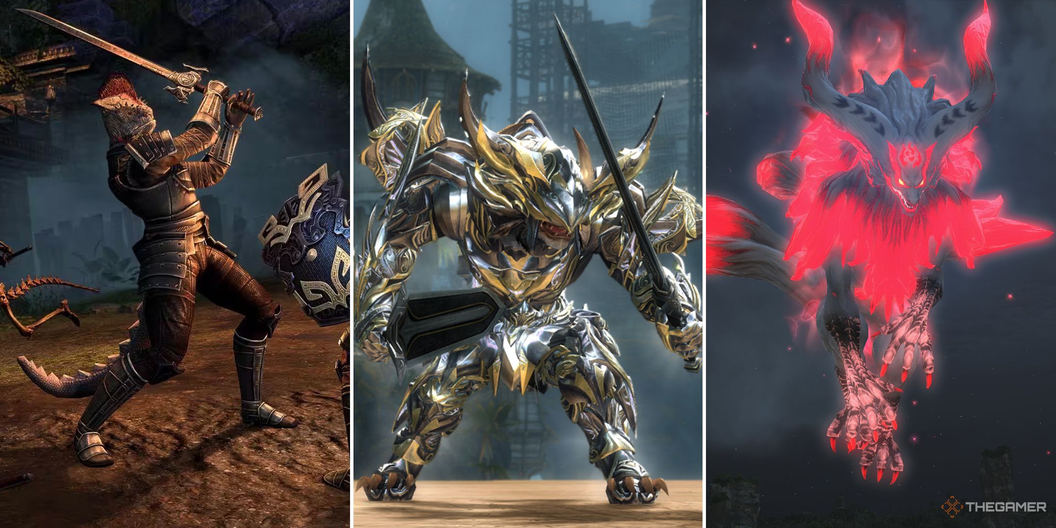 A split image featuring an Argonian wielding a sword in The Elder Scrolls Online, a Charr in Legendary Armor in Guild Wars 2, and the Kamuy of the Nine Tails mount in Final Fantasy 14.