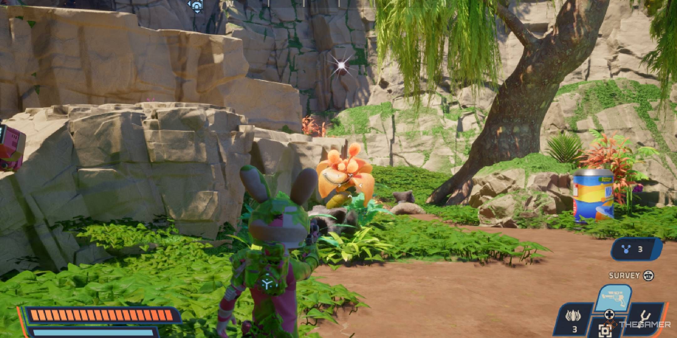 Revenge of the Savage Planet character covered in goo accidentally locking onto healing plant.