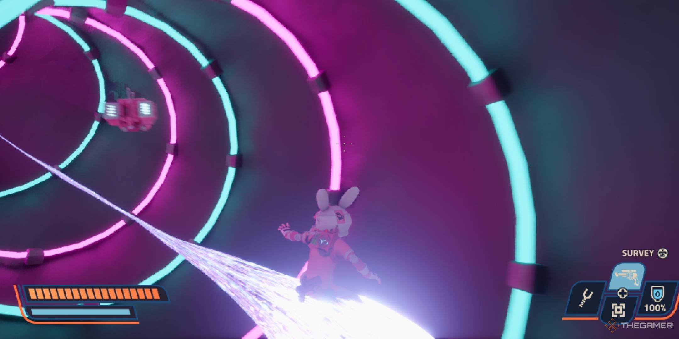 Revenge of the Savage Planet character grinding on a grind rail through neon tunnel in Slappi's Den of Fun.