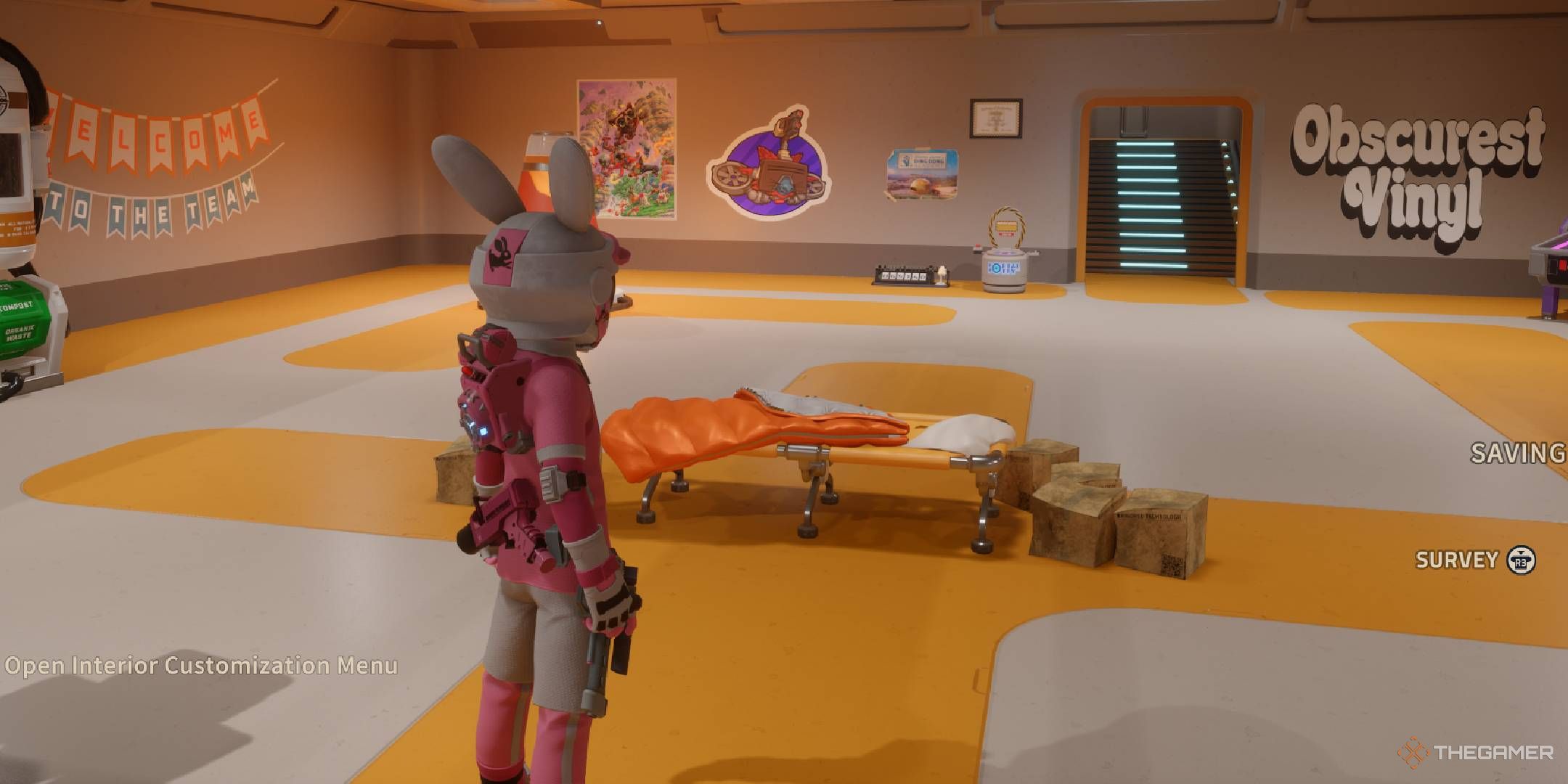 Revenge of the Savage Planet character looking at sporadically decorated habitat.