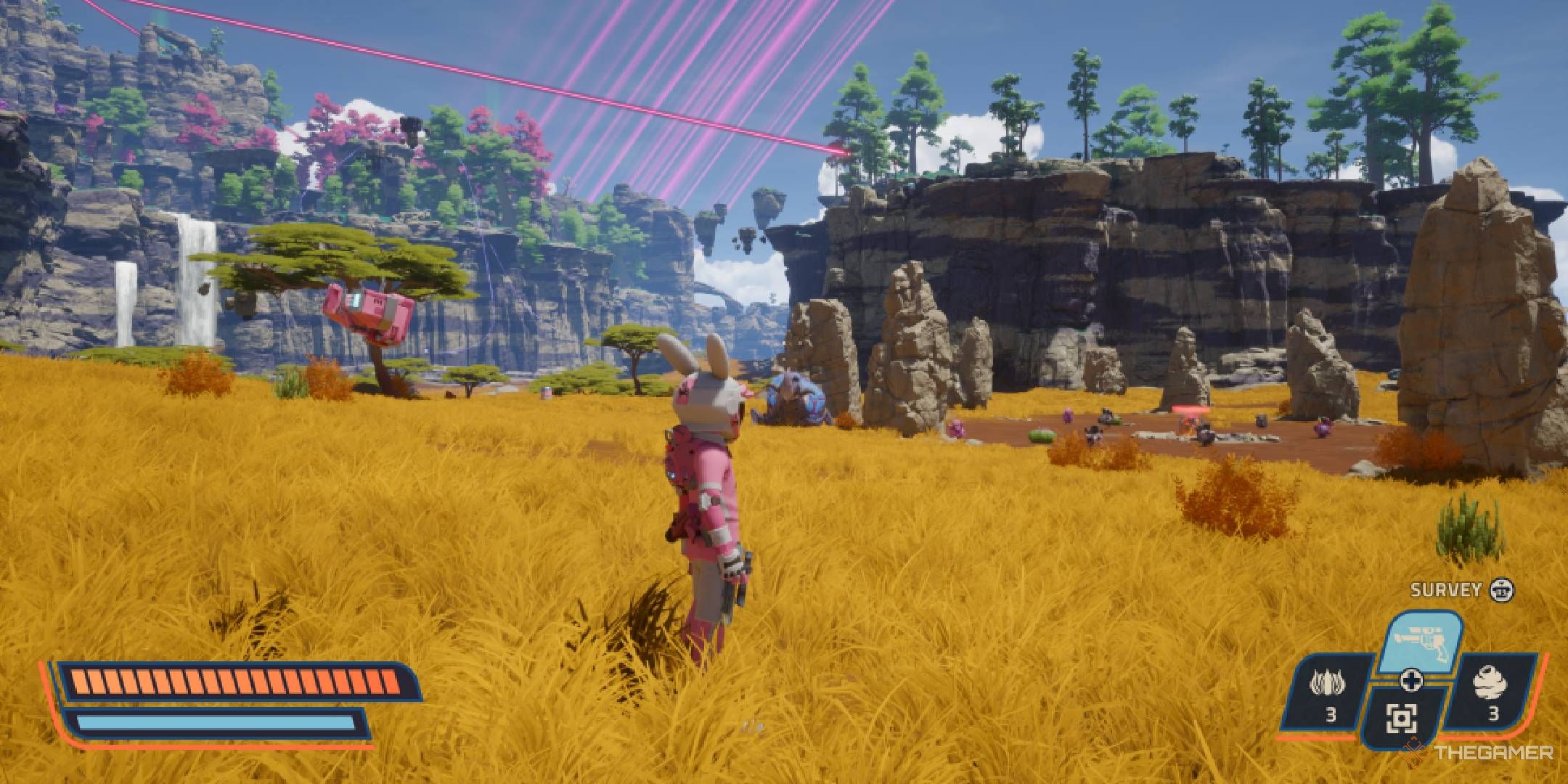 Revenge of the Savage Planet character looking out at the arid planes and cliffs of Quasidron IX.