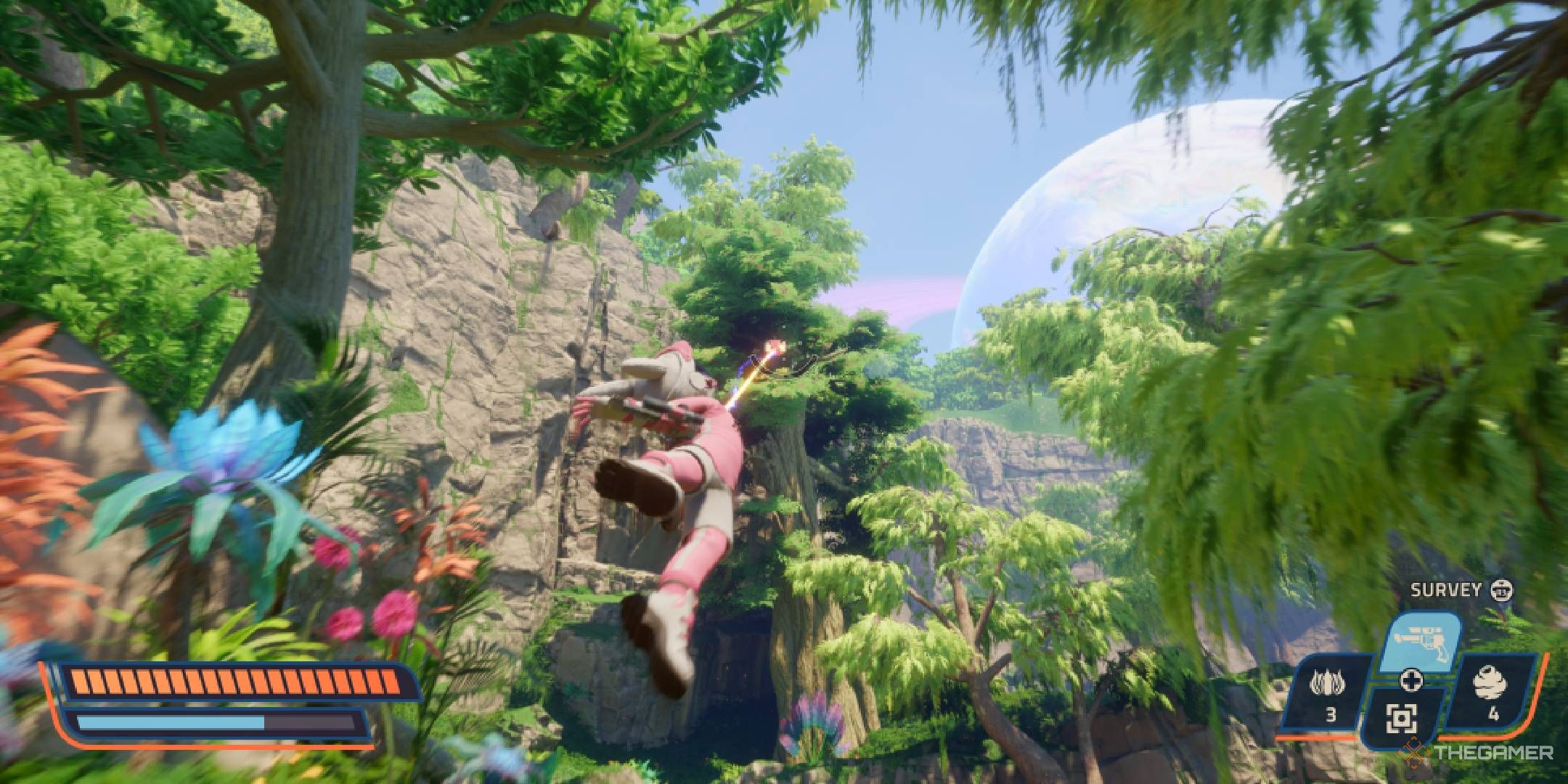Revenge of the Savage Planet character tethering onto the drone flying towards a tall tree.