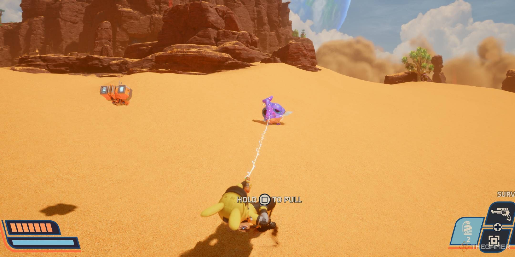Revenge of the Savage Planet character wrangling a small creature on the desert dunes of Xephyr.