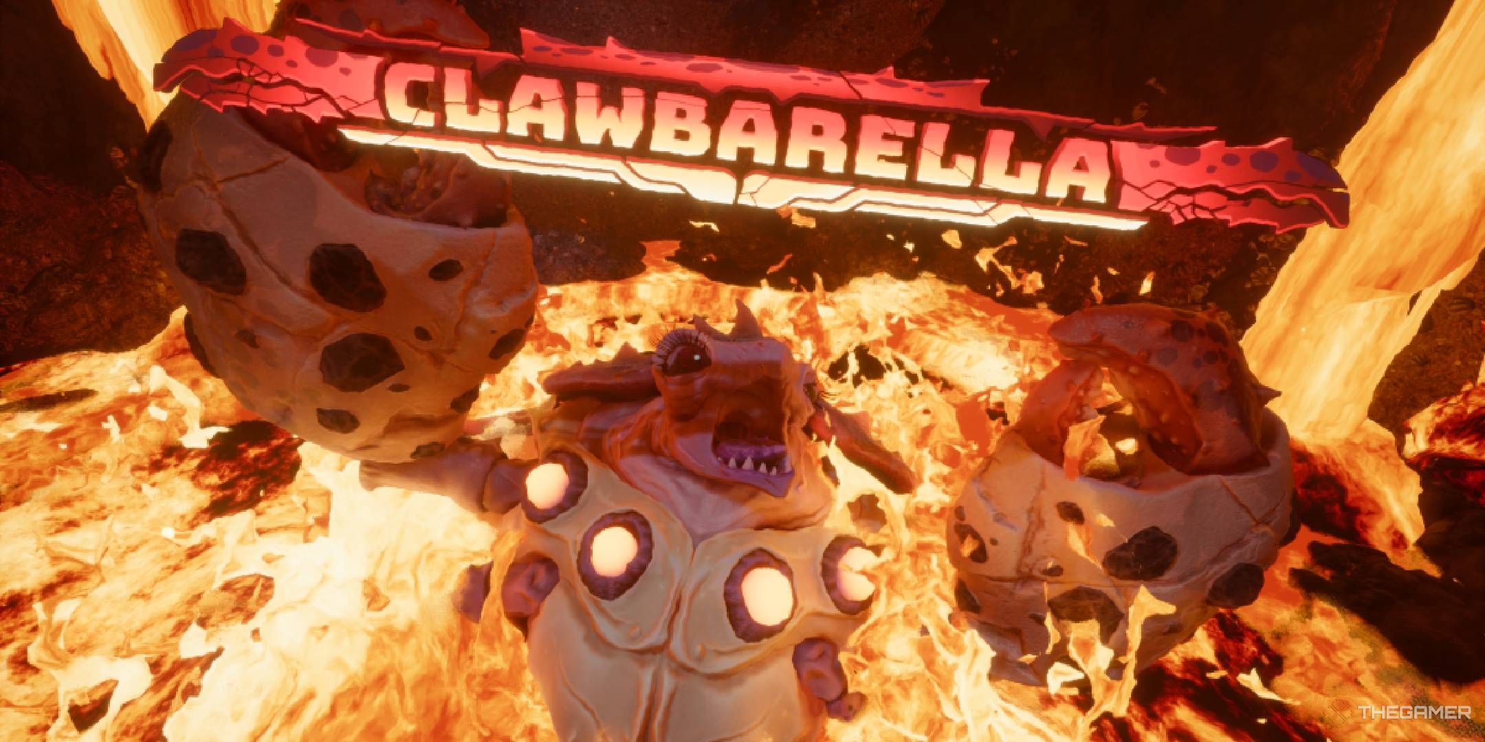 Revenge of the Savage Planet Clawbarella bursting out of the lava and screaming.