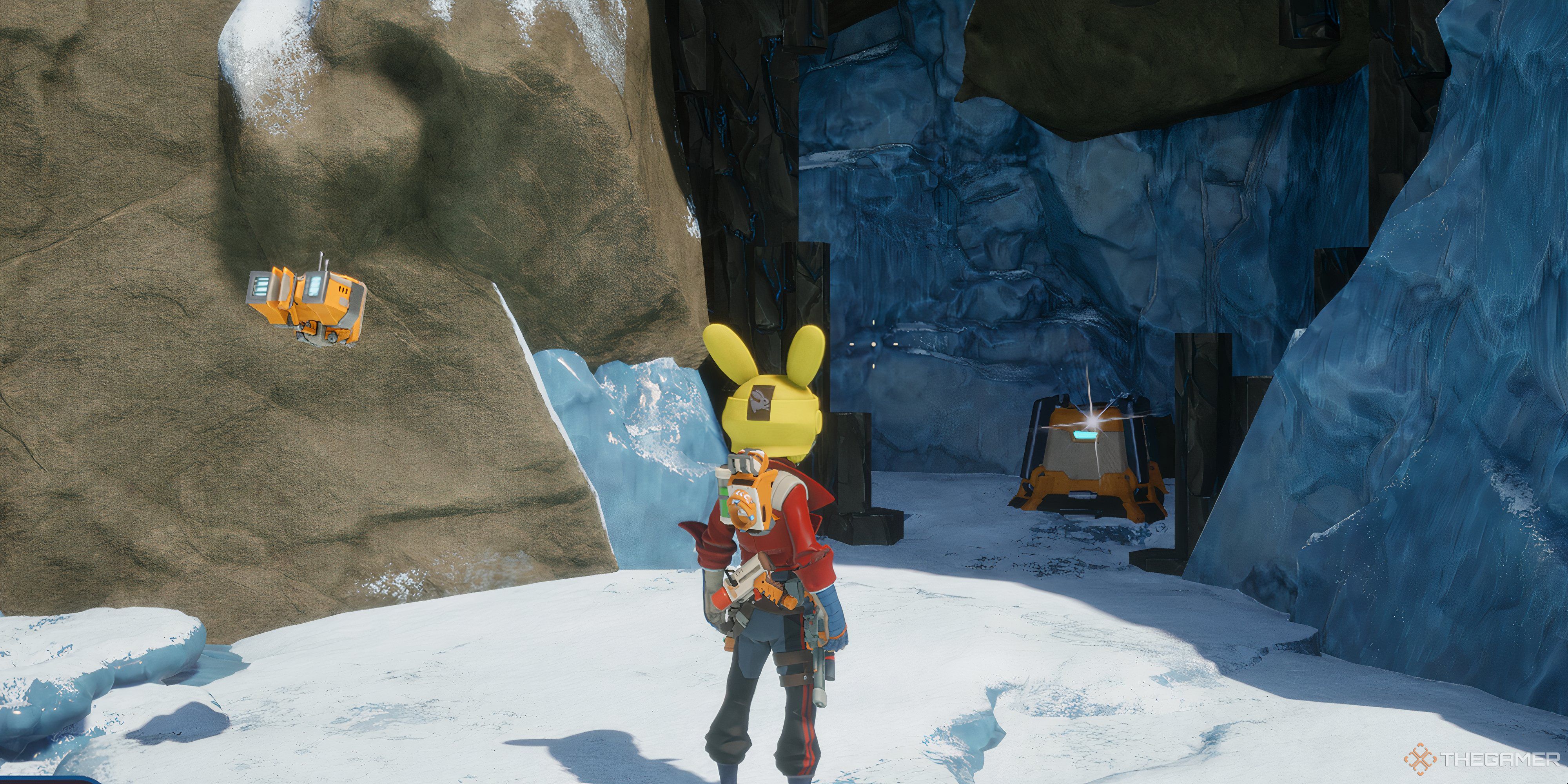 The player and a floating robot looking a crate that was behind a barrier in Revenge of the Savage Planet.