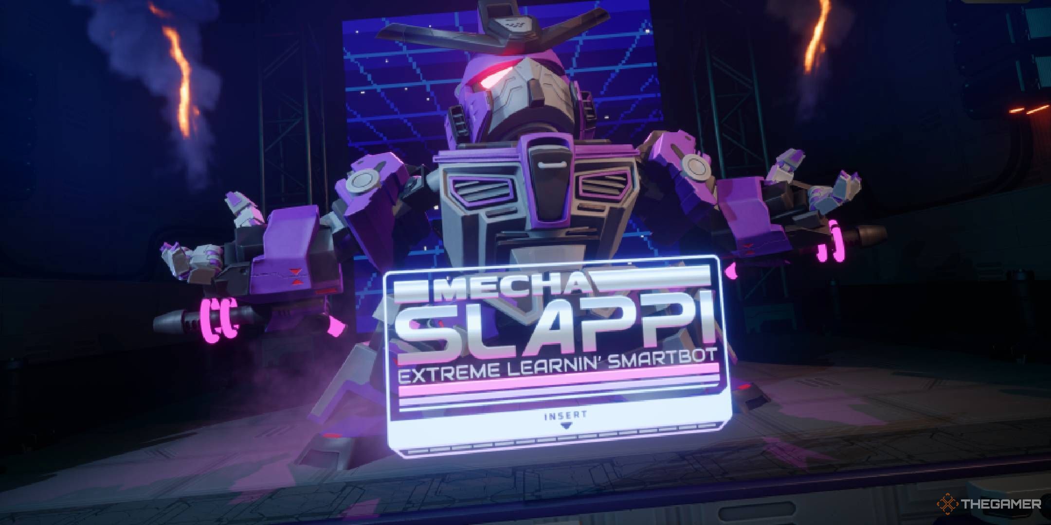 Revenge of the Savage Planet Mecha SLAPPI posing before the boss fight.