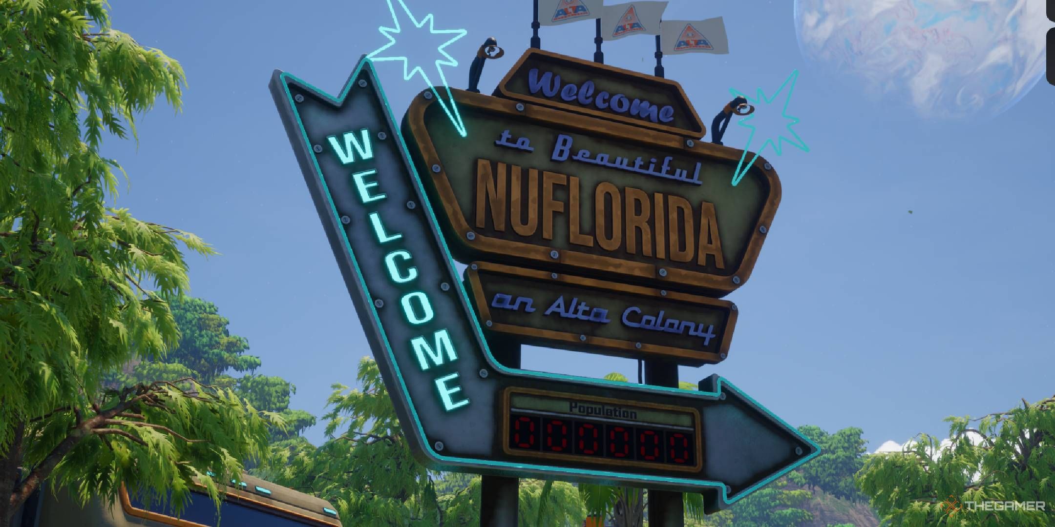 Revenge of the Savage Planet Nu Florida sign on Stellaris Prime.