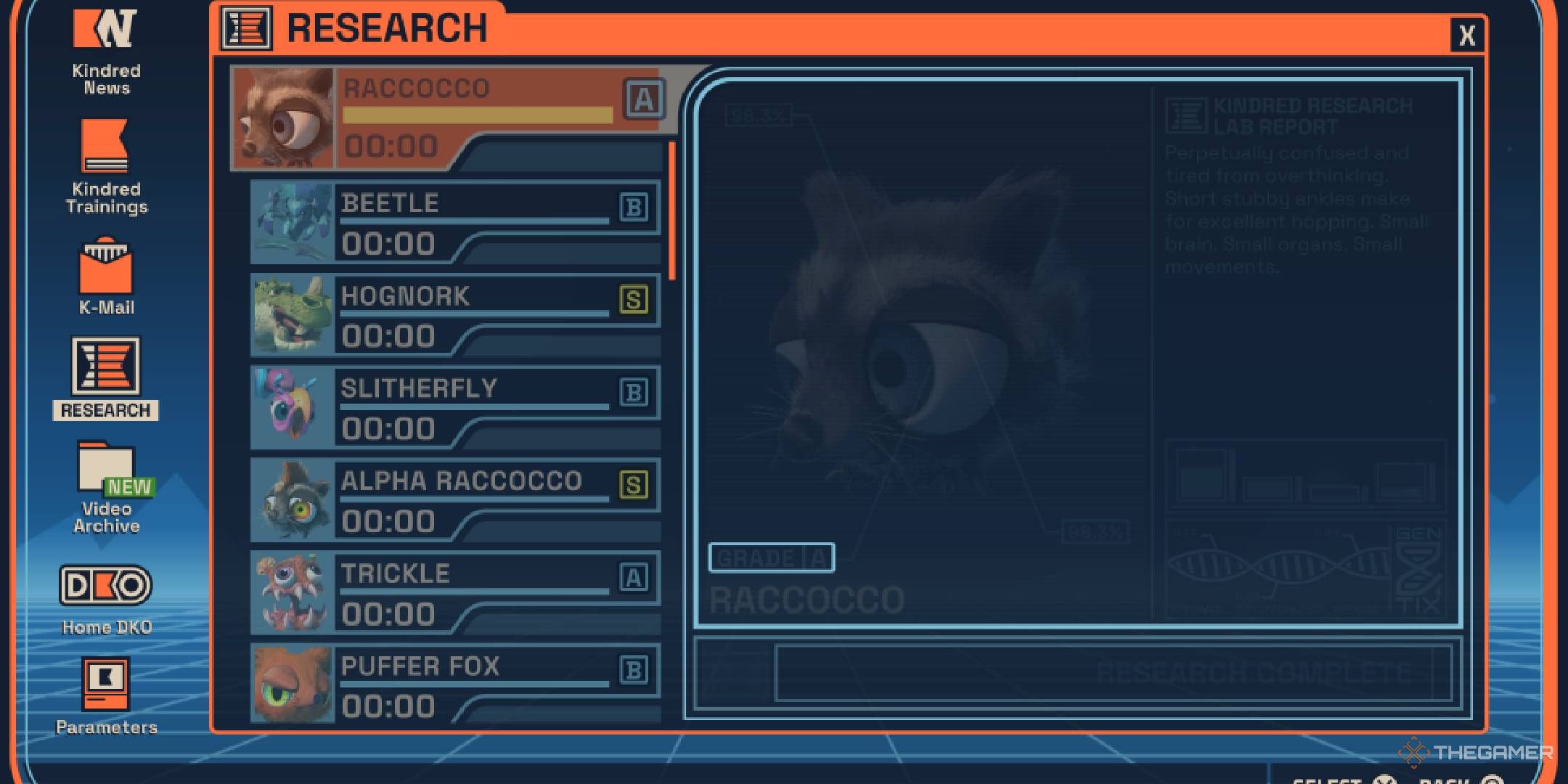 Revenge of the Savage Planet research menu zoomed in on Raccocco.