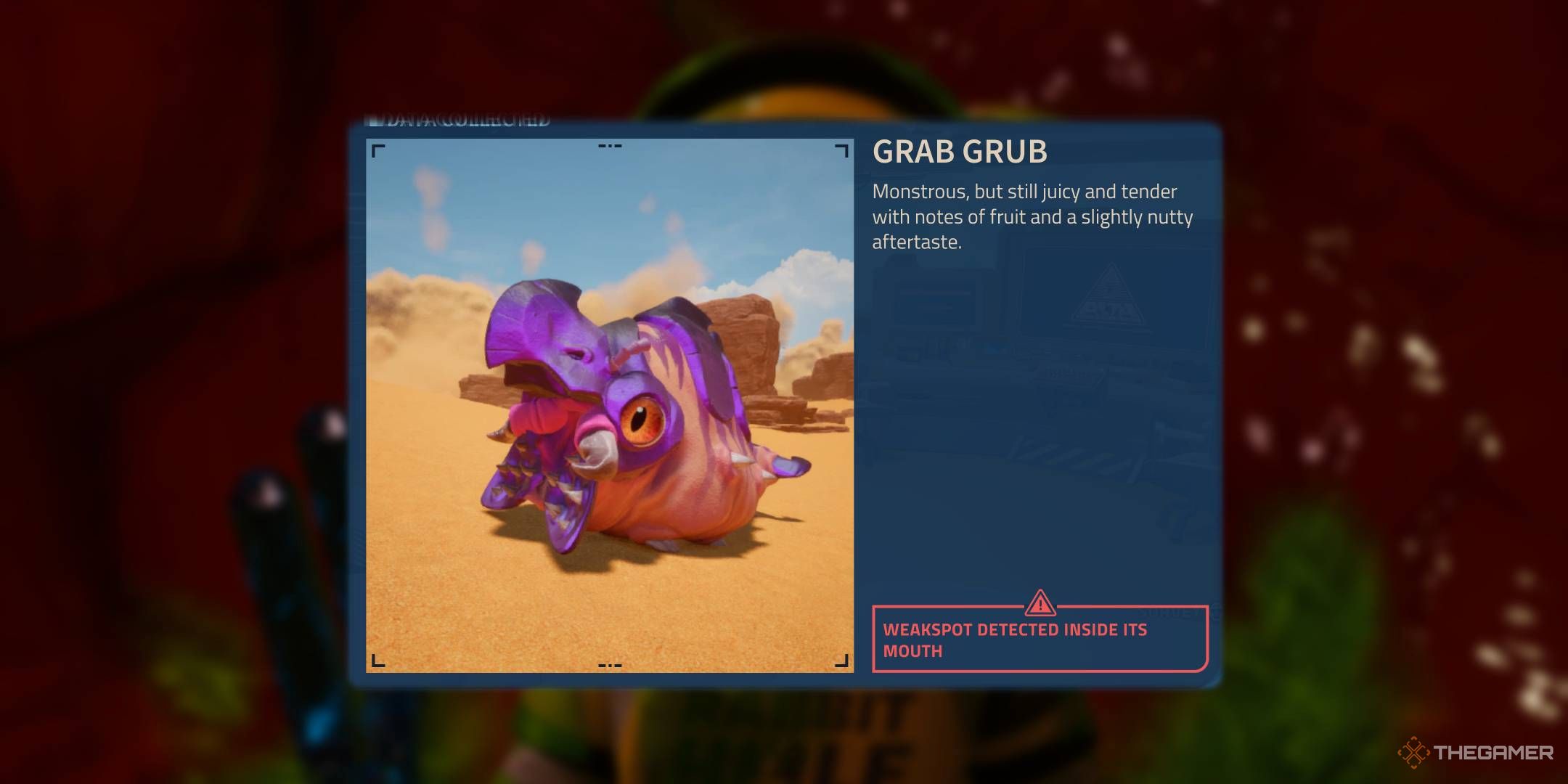Revenge of the Savage Planet scanner description for a Grab Grub mouth open in the desert.