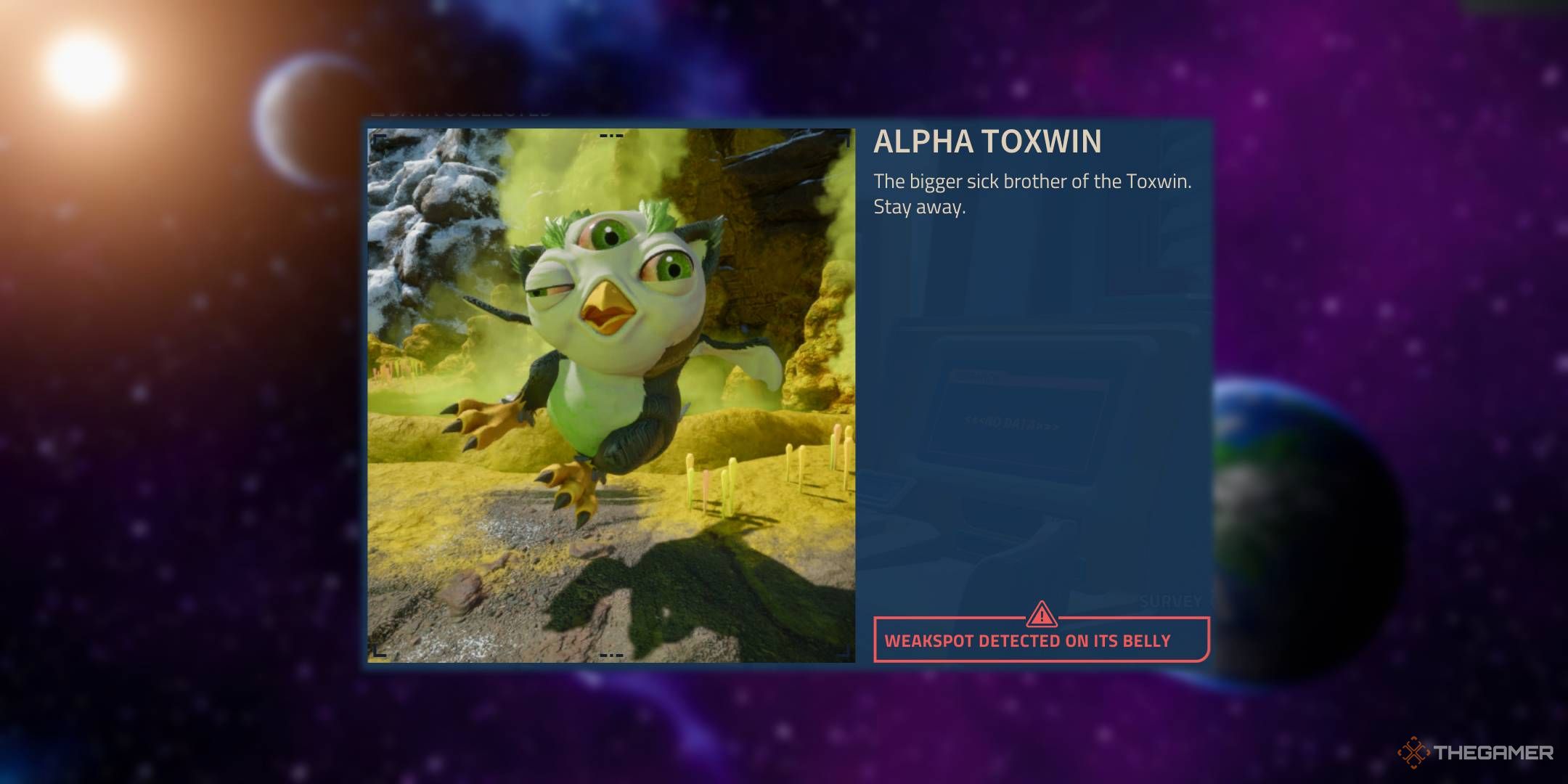 Revenge of the Savage Planet scanner description for the Alpha Toxwin.