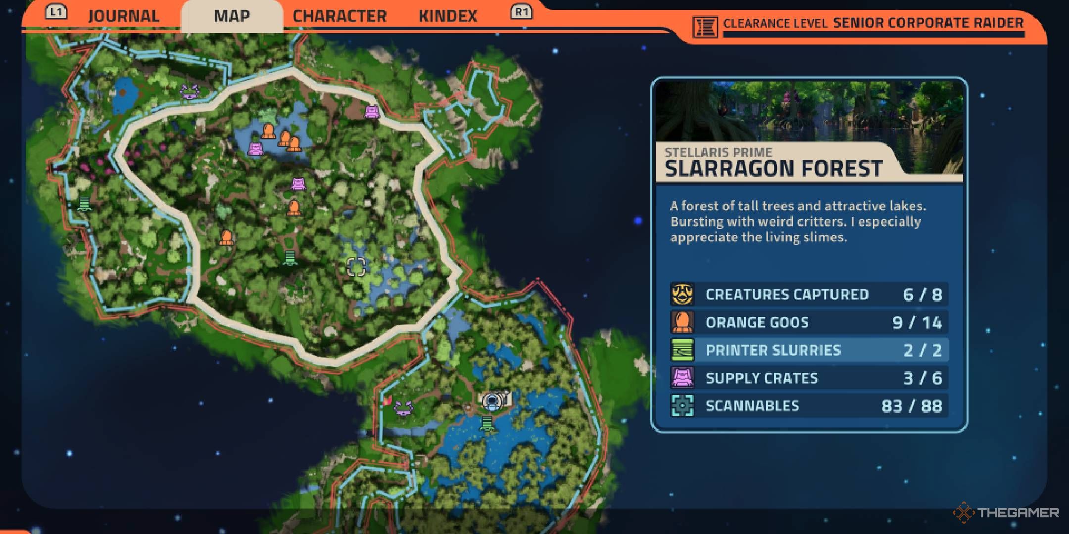 Revenge of the Savage Planet Slarragon Forest map screen with checklist.