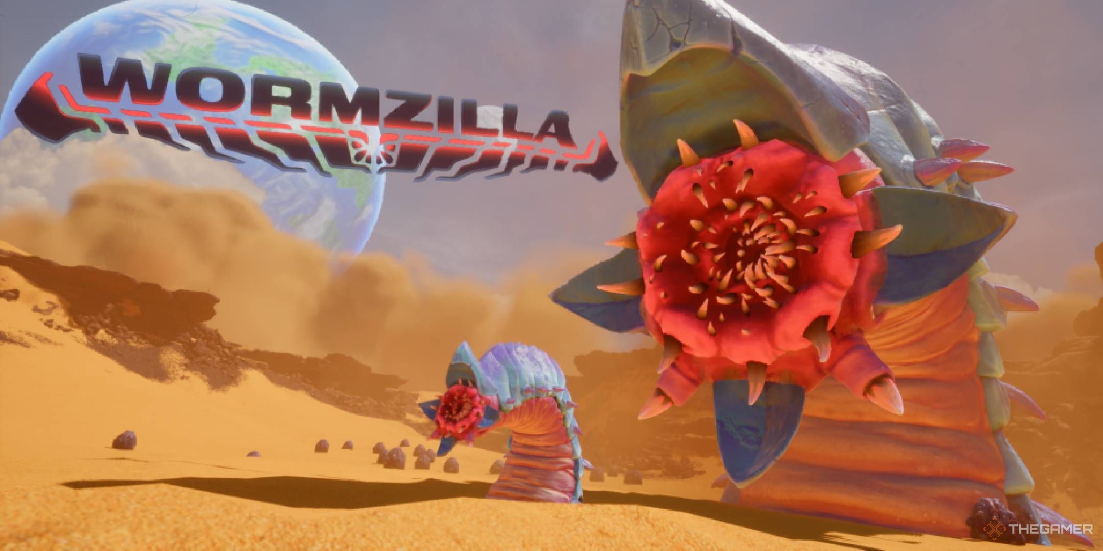 Revenge of the Savage Planet Wormzilla bursting out of the sand and roaring.