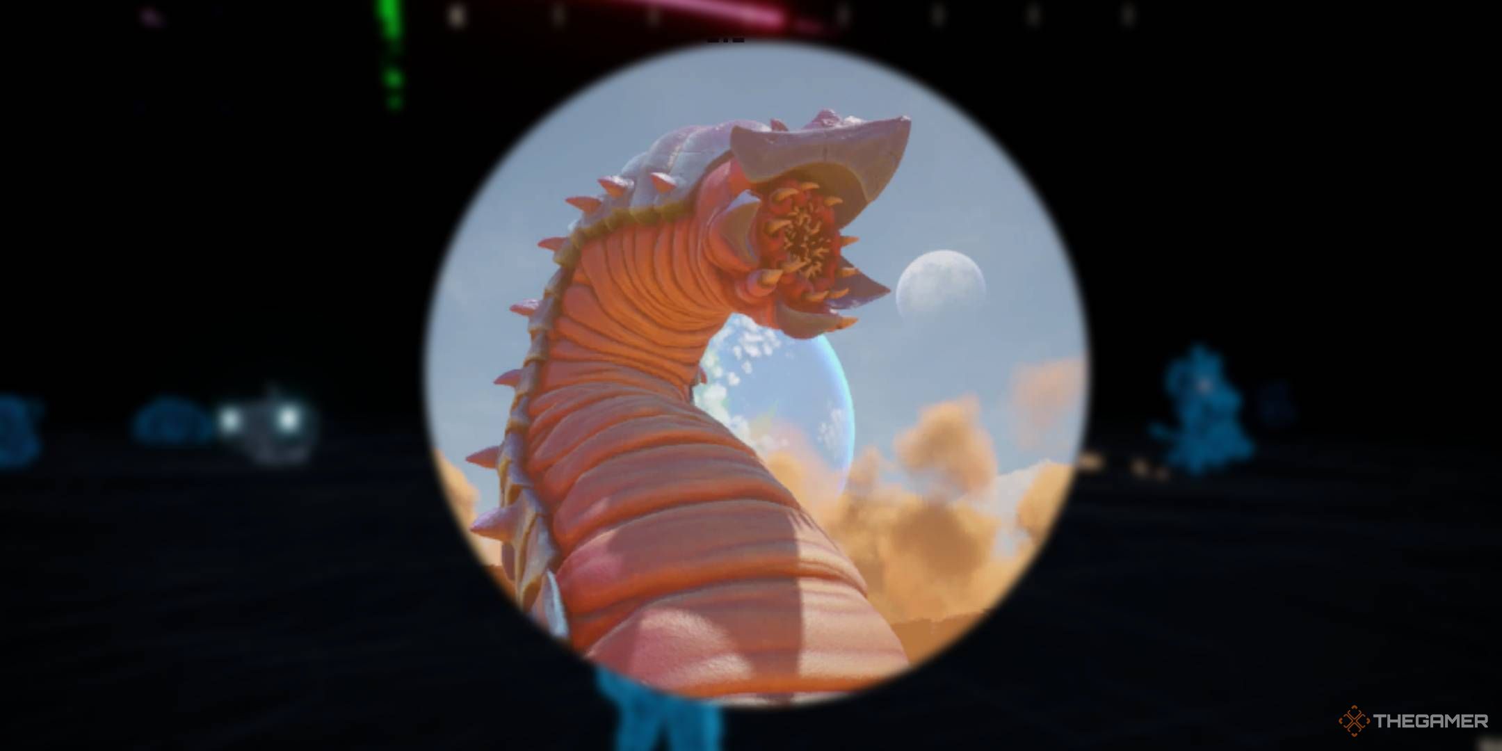 Revenge of the Savage Planet Wormzilla in the desert on blurred scanner background featured image.