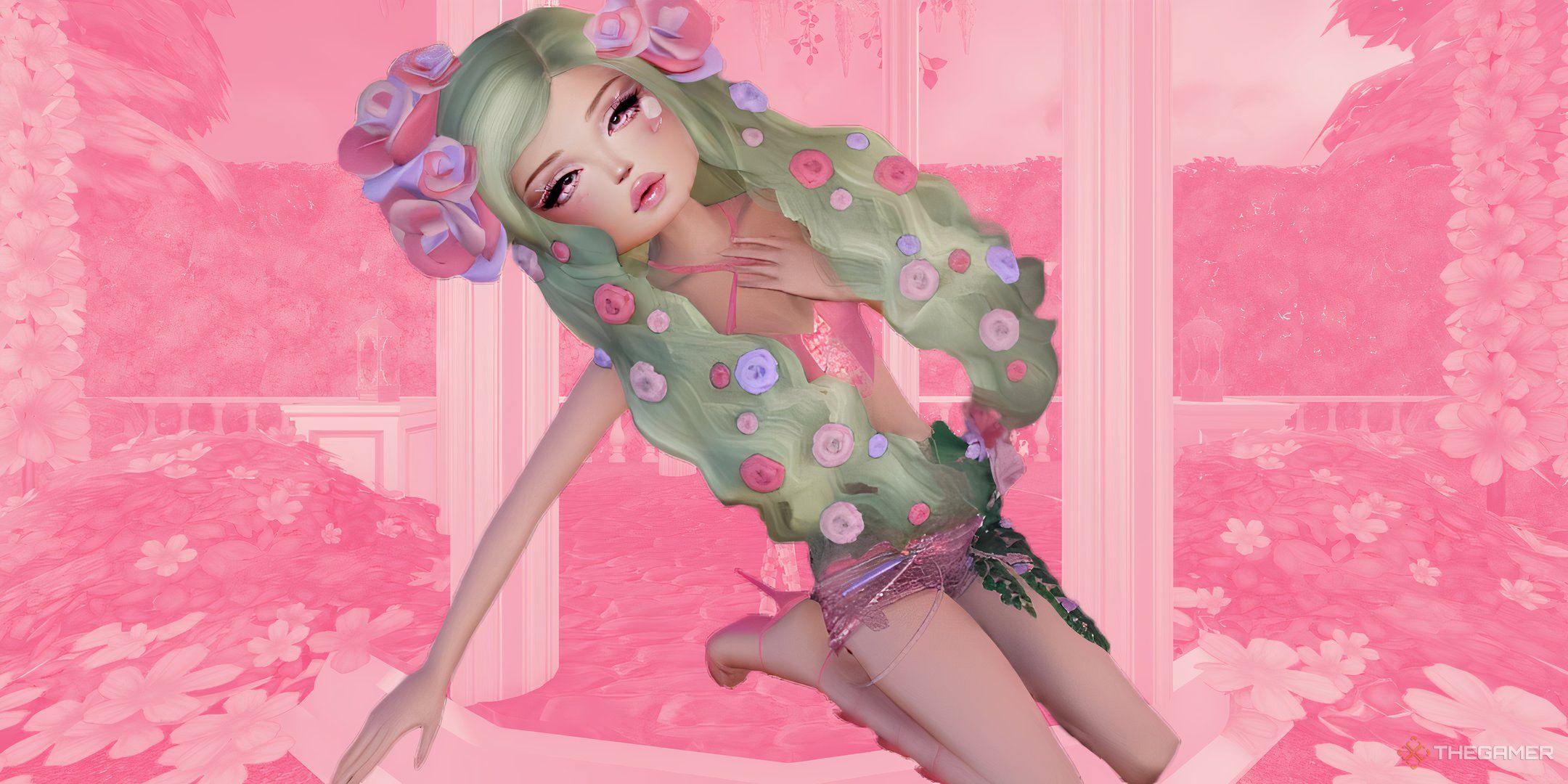The background features a pink lush garden. The center features a Roblox avatar on Dress to Impress performing the Petal pose.