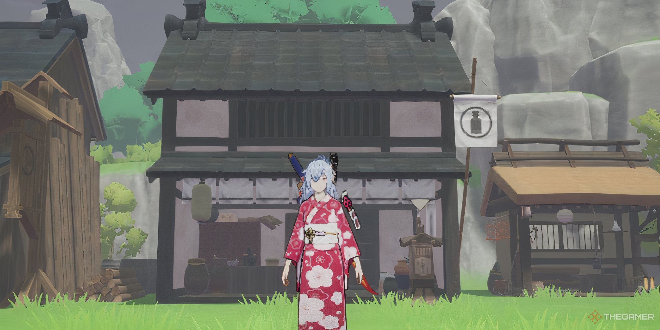 Rune Factory Guardians Of Azuma Kaguya standing in front of chemist building.