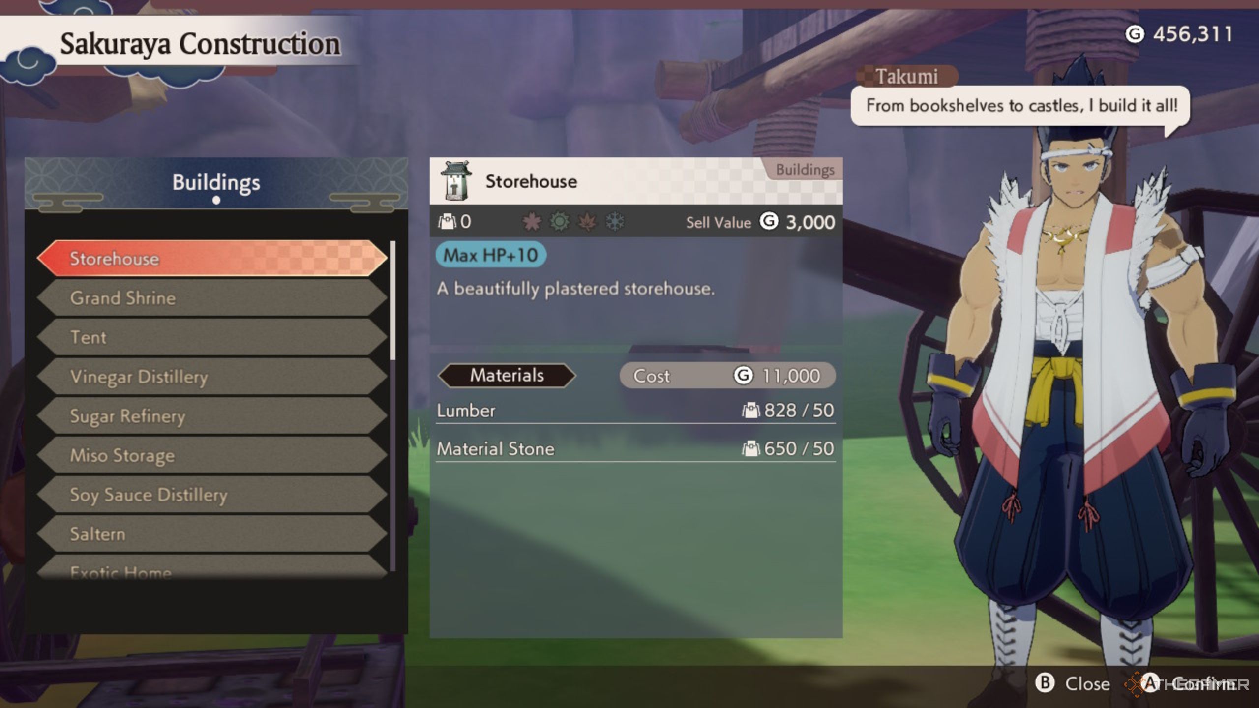 Rune Factory Guardians Of Azuma Takumi construction menu.
