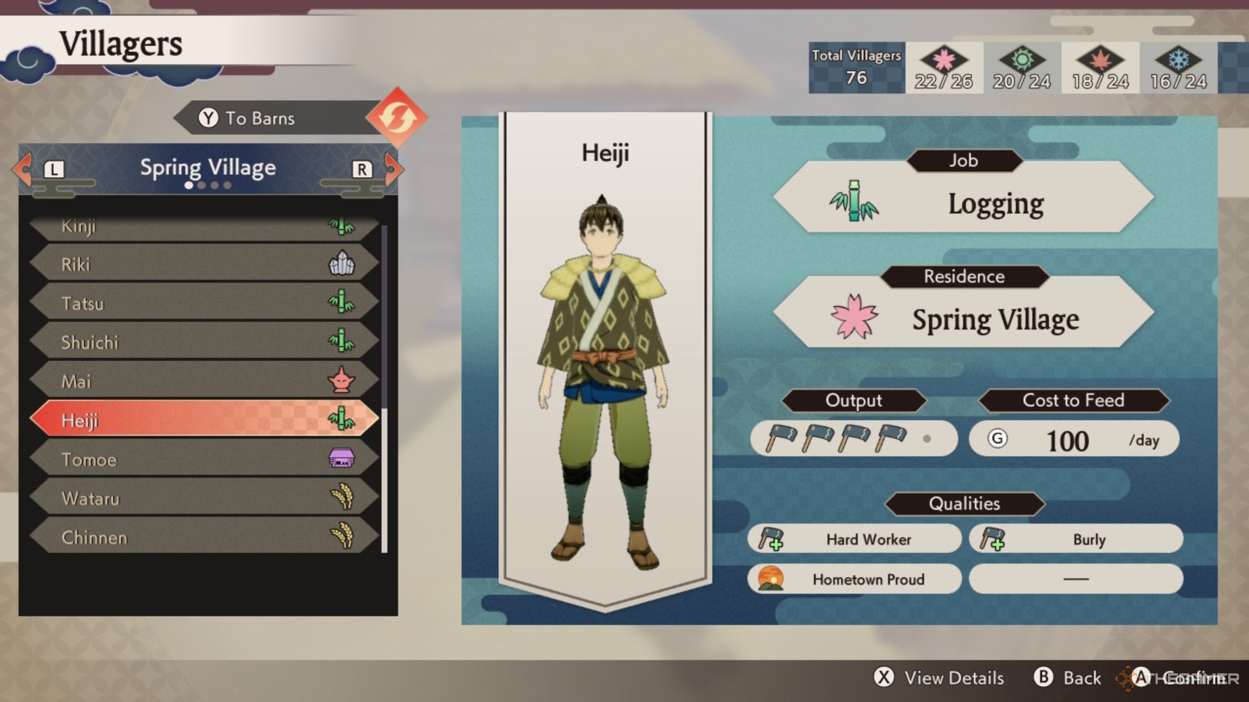Rune Factory Guardians Of Azuma villager management screen.