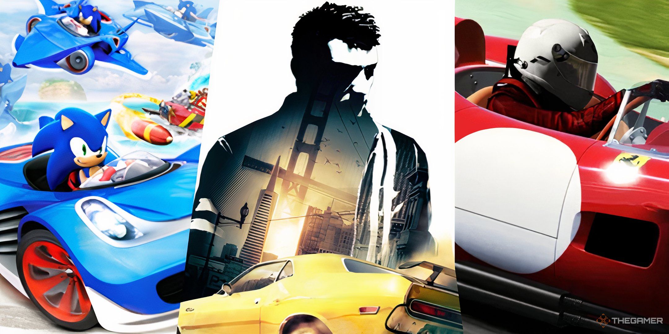 Split image featuring Driver: San Francisco, Sonic and All-Stars Racing Transformed, and Forza Motorsport 4.