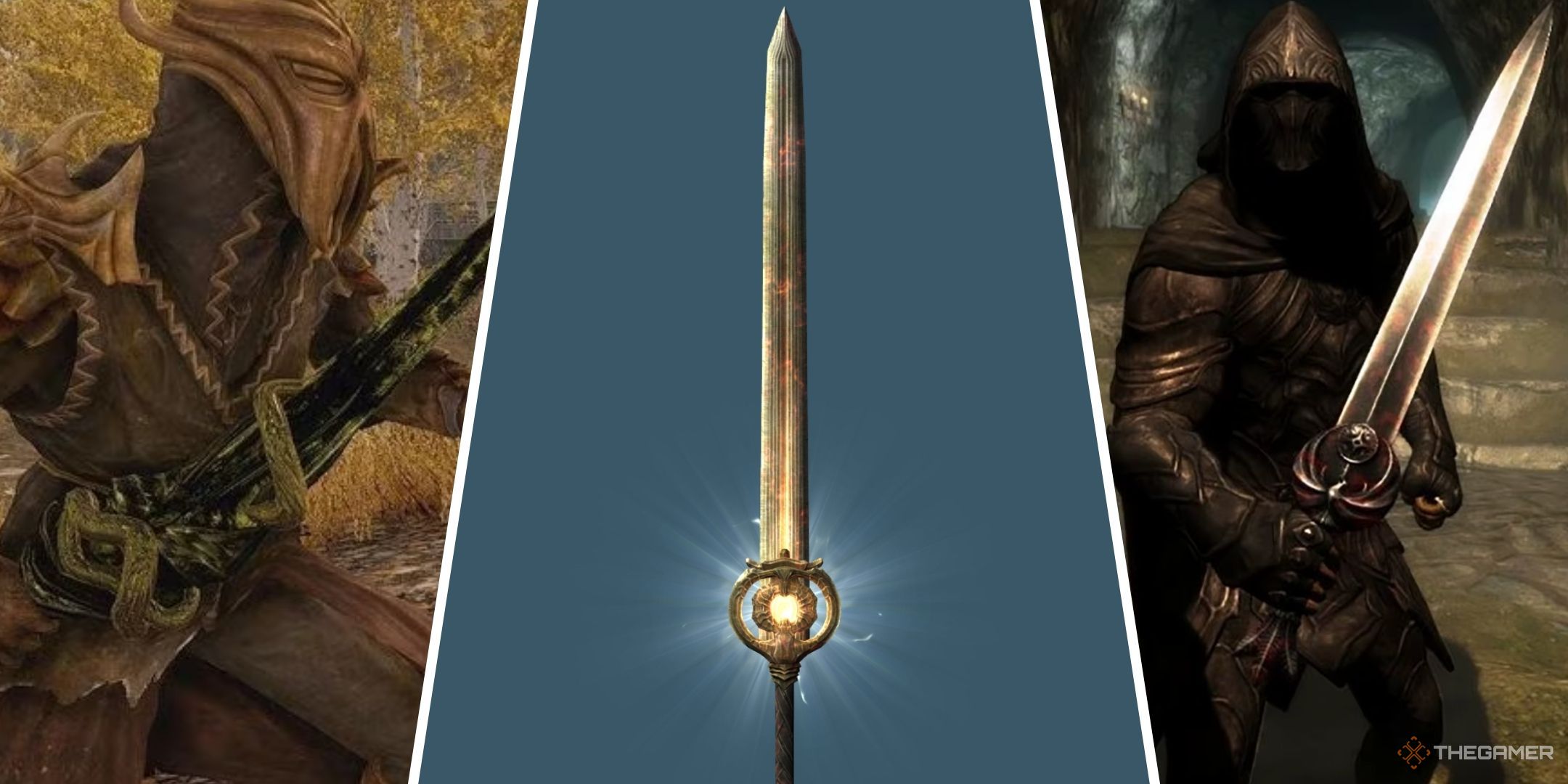 A collage showing three different strong swords in Skyrim.