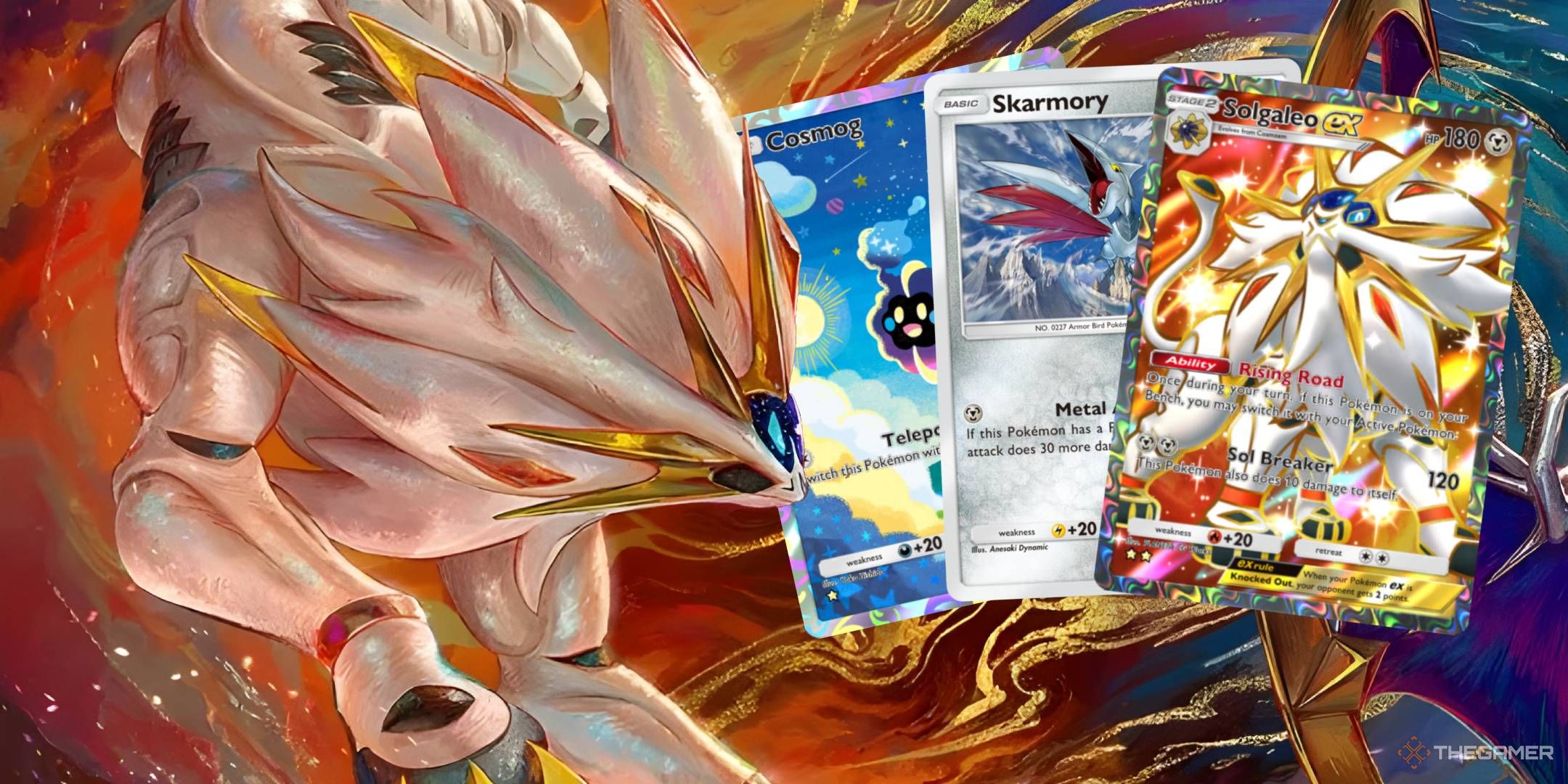 Solgaleo oversees three key cards from the deck: Cosmog, Skarmory, and Solgaleo ex.