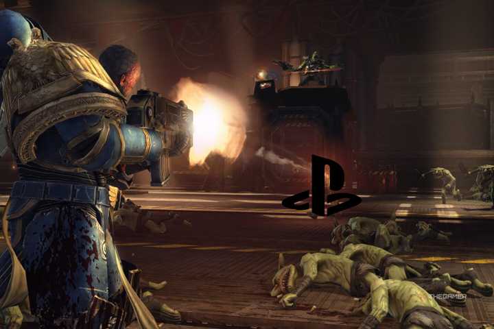 space marine shooting a playstation logo in the warhammer remaster.