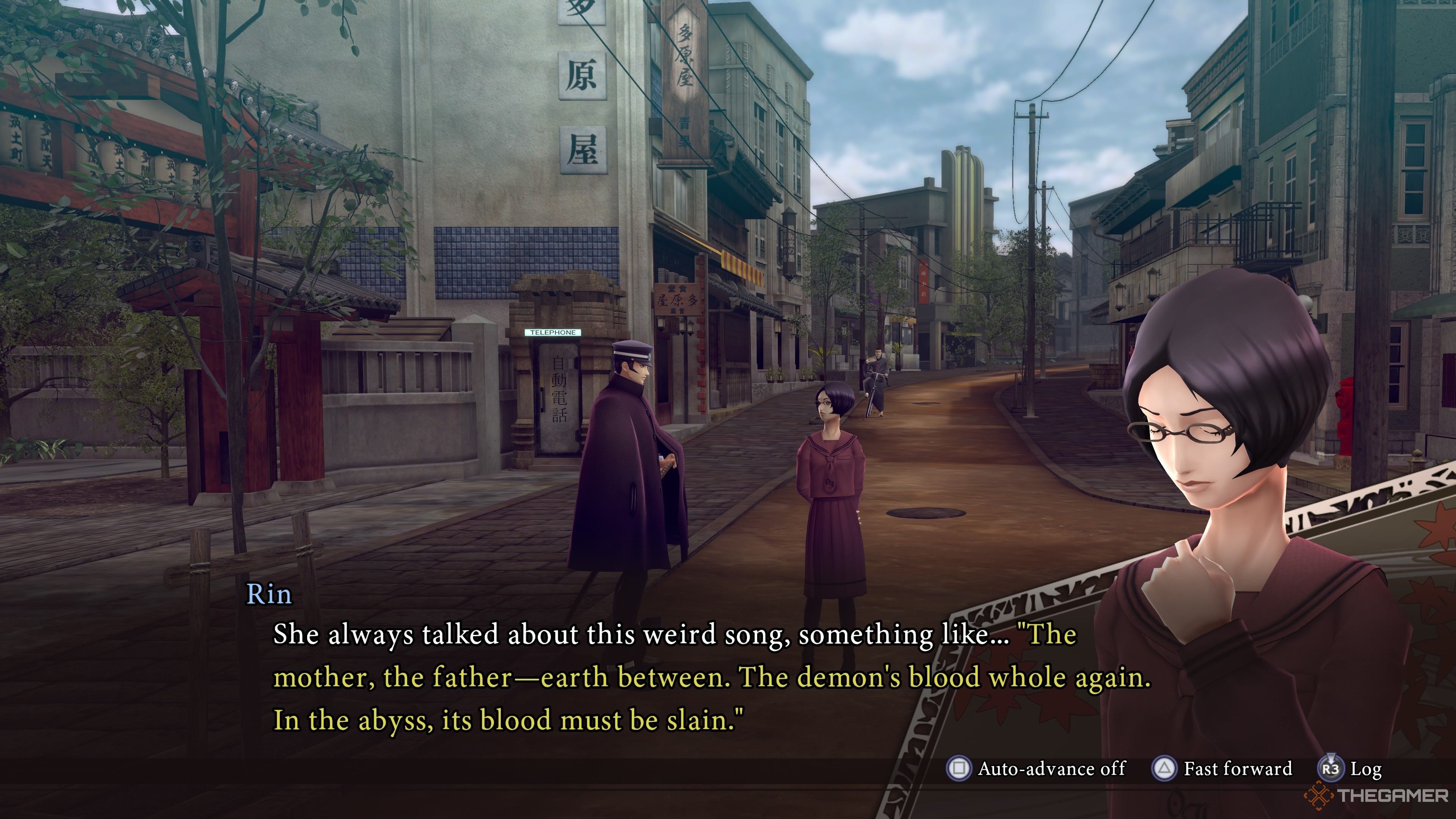 Speaking to Rin after finishing Dark Tsukudo-cho in Raidou Remastered The Mystery of the Soulless Army.