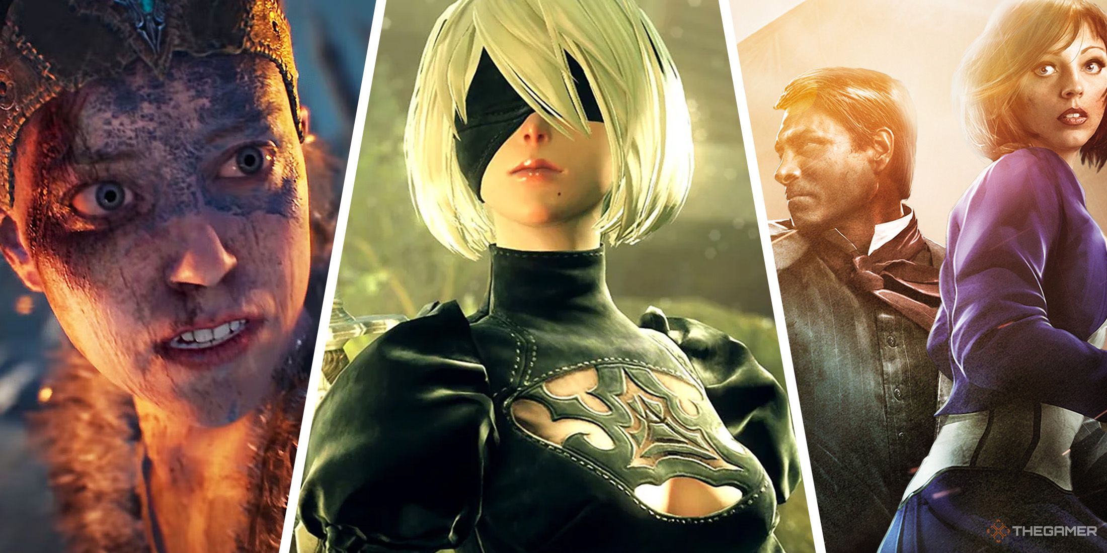 Split image of screenshots from Bioshock Infinite, Nier Automata and Hellblade - Senua’s Sacrifice.