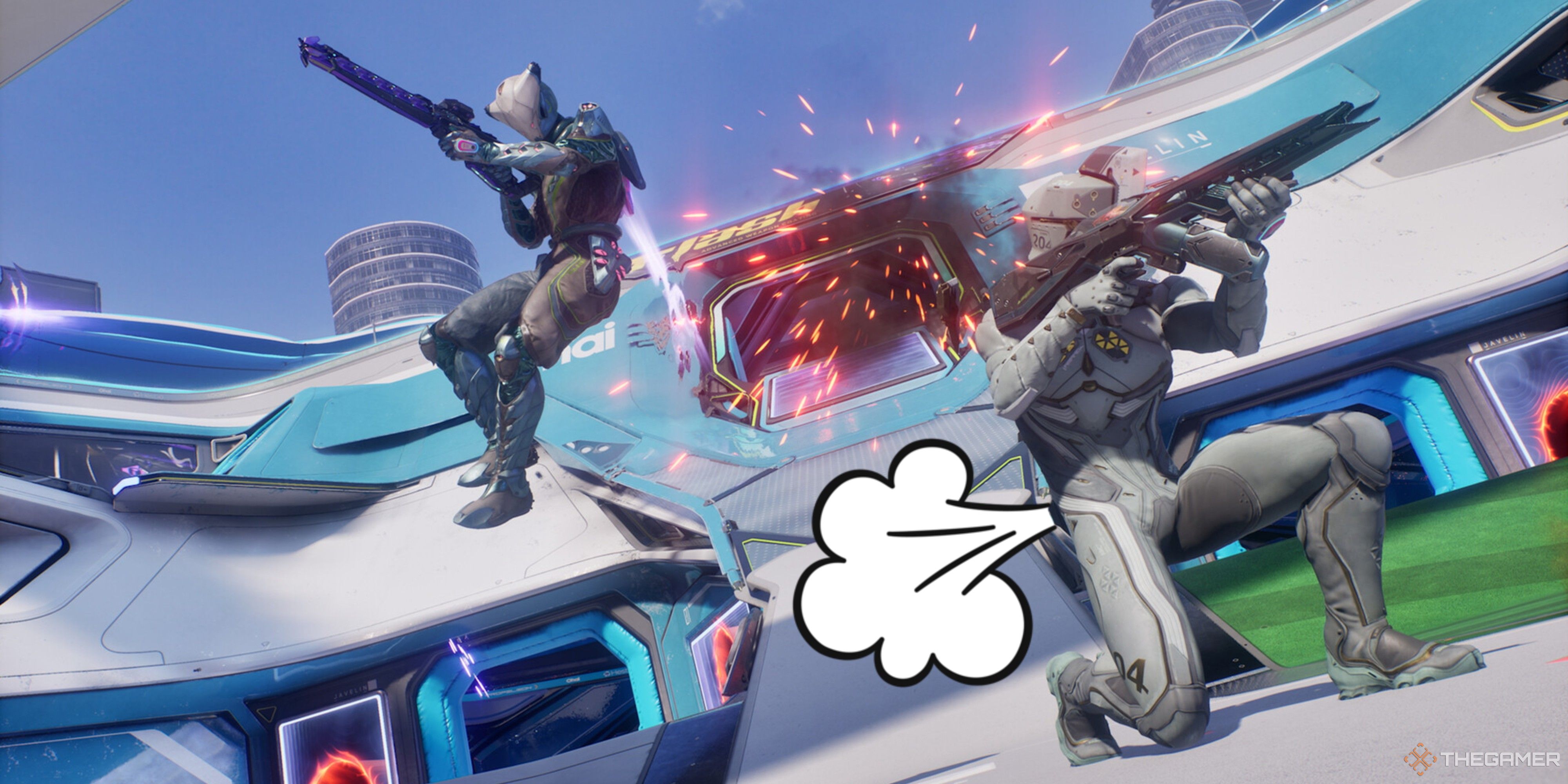 splitgate 2 player looking down at another one farting.
