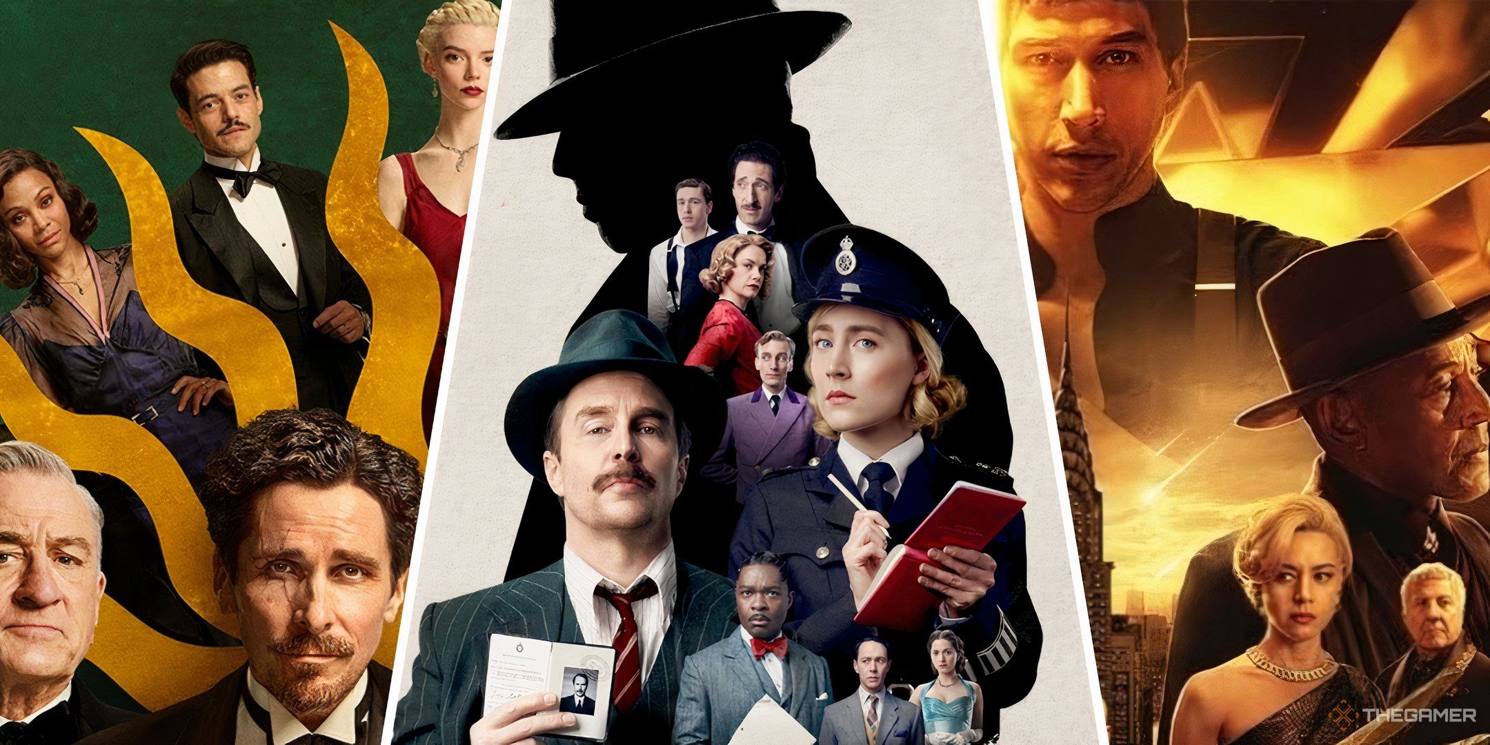 Three-image collage of the main art for the films Amsterdam, See How They Run, and Megalopolis.