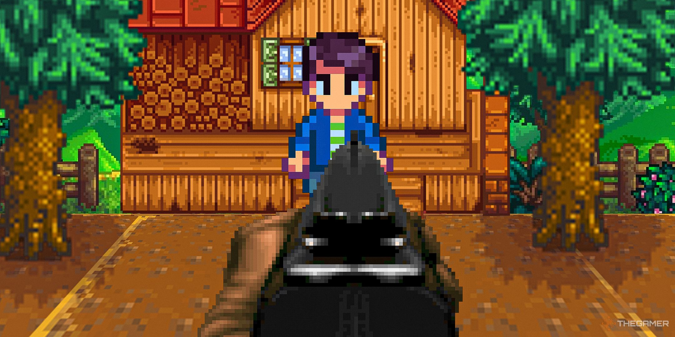 Looking down the barrel of a Doom gun at Shane from Stardew Valley.