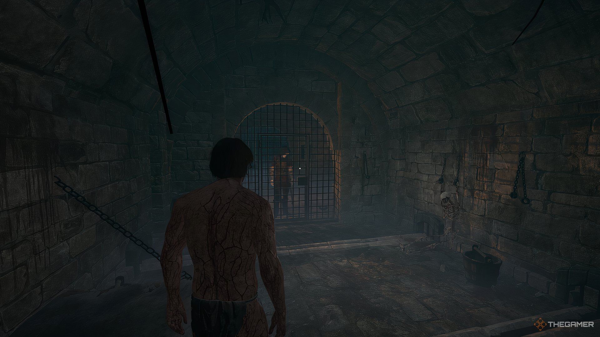 A prisoner standing in a cell while a guard taunts them.