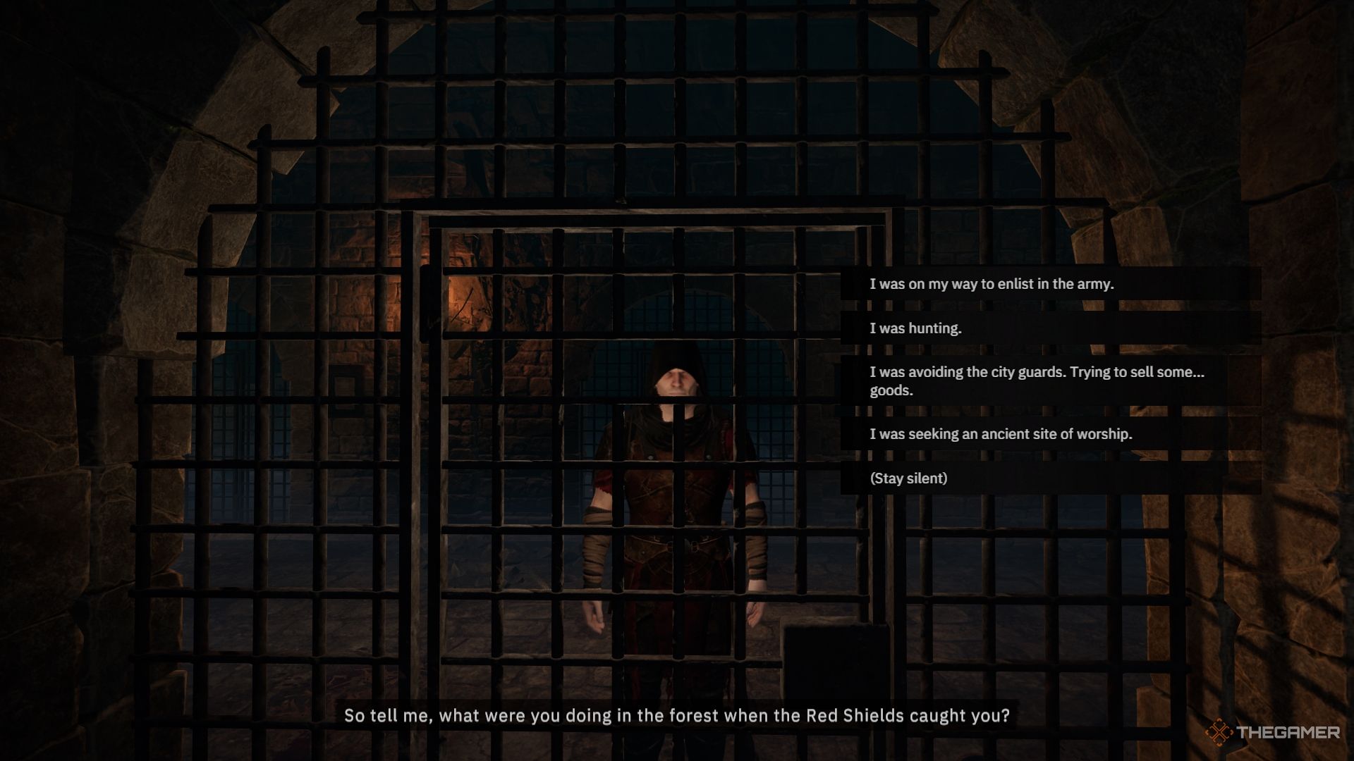 A Red Priest asking what you were doing in the forest from outside your prison cell.