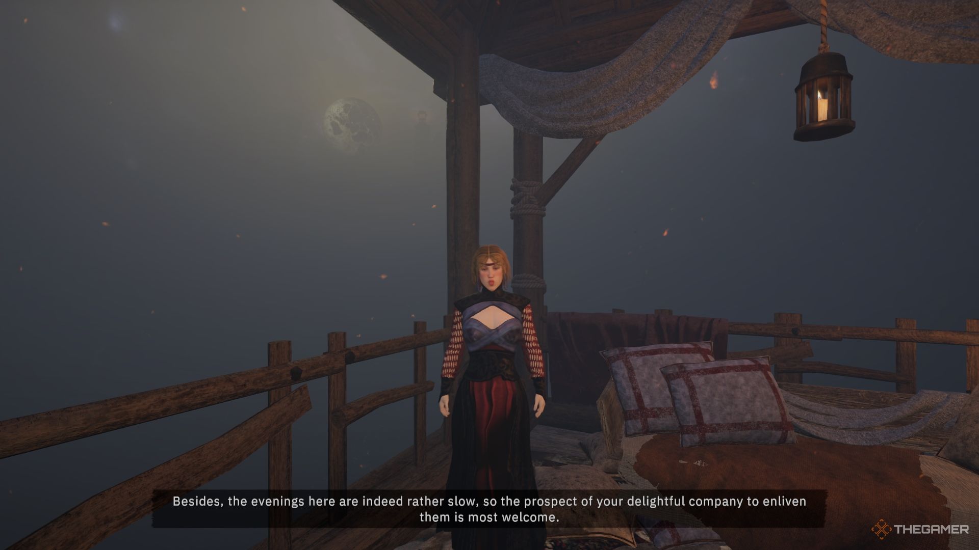 Alisa standing under the pavillion in the moonlight.