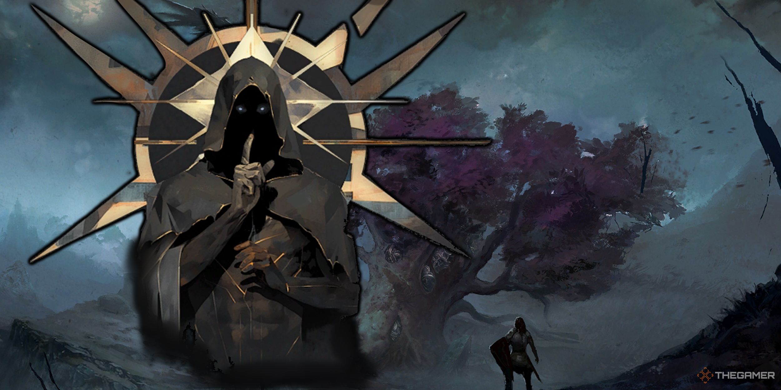 Collage of perception key art on a dark background with a purple tree.