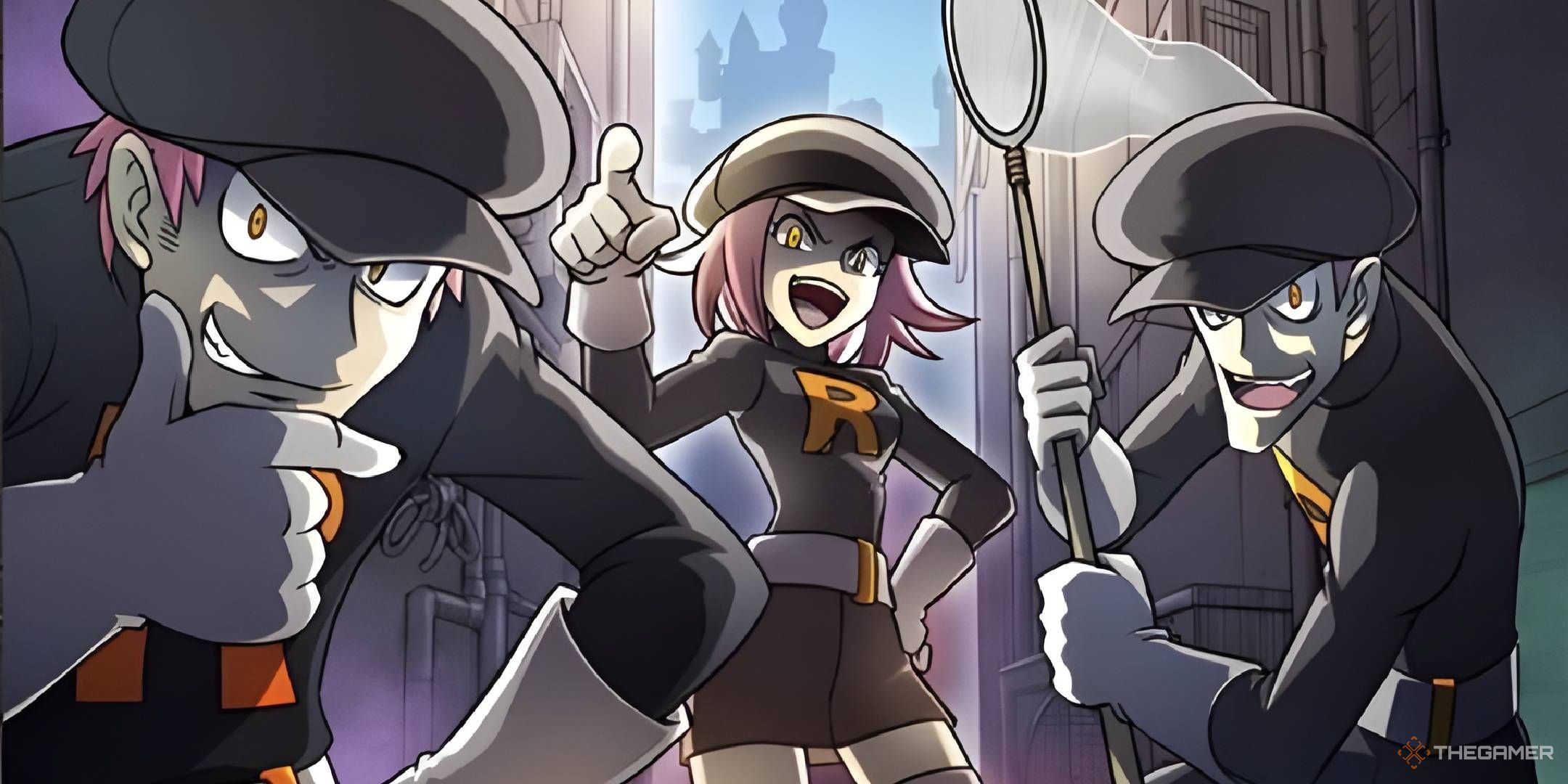 Three Team Rocket members threaten the viewer in an alleyway.